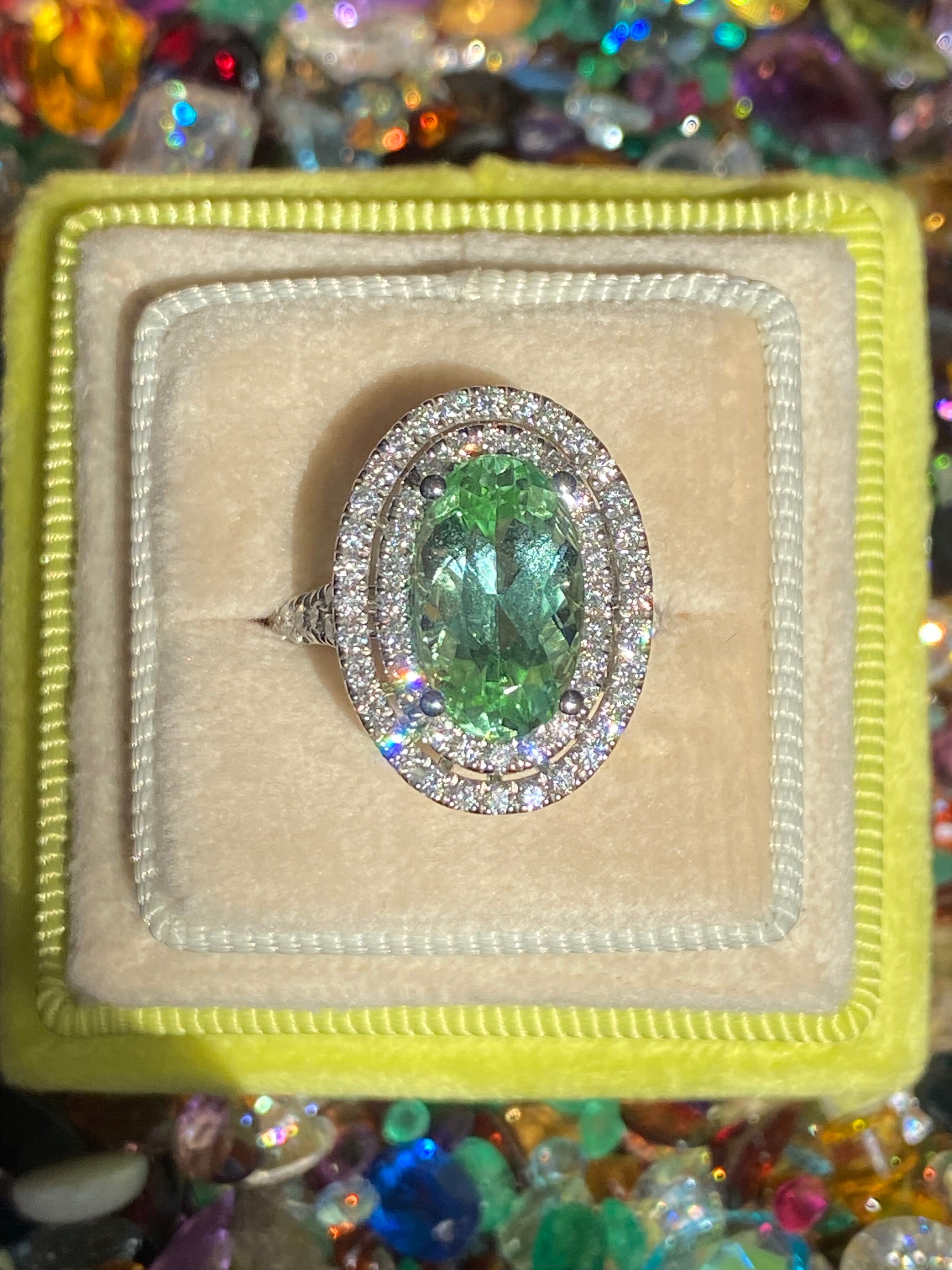 4.77 CTW Magical Mint Tourmaline and Natural Diamond Double Halo Ring in Platinum