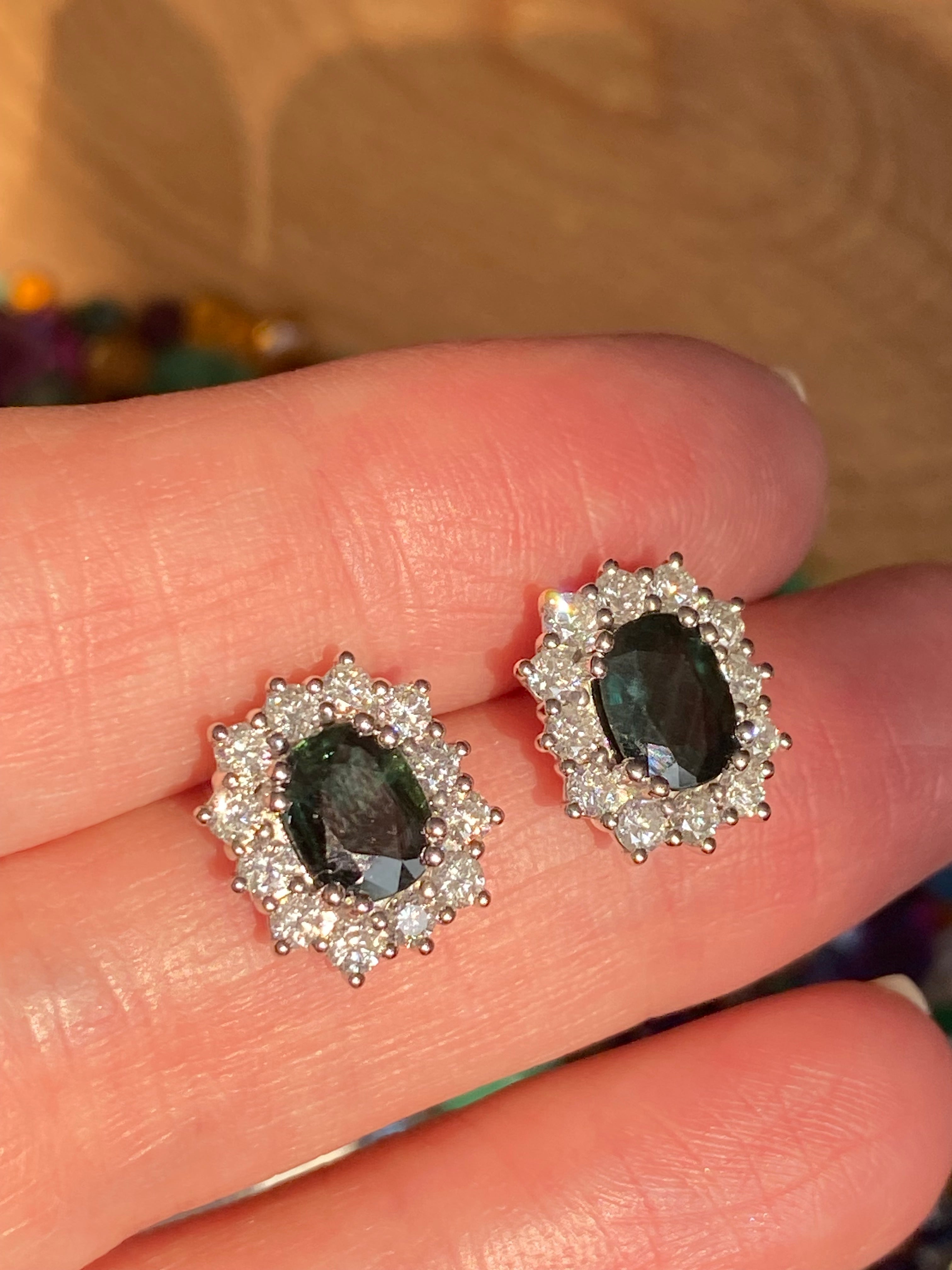 3.77 CTW Teal Sapphire and Natural Diamond Halo Stud Earrings in 18ct White Gold