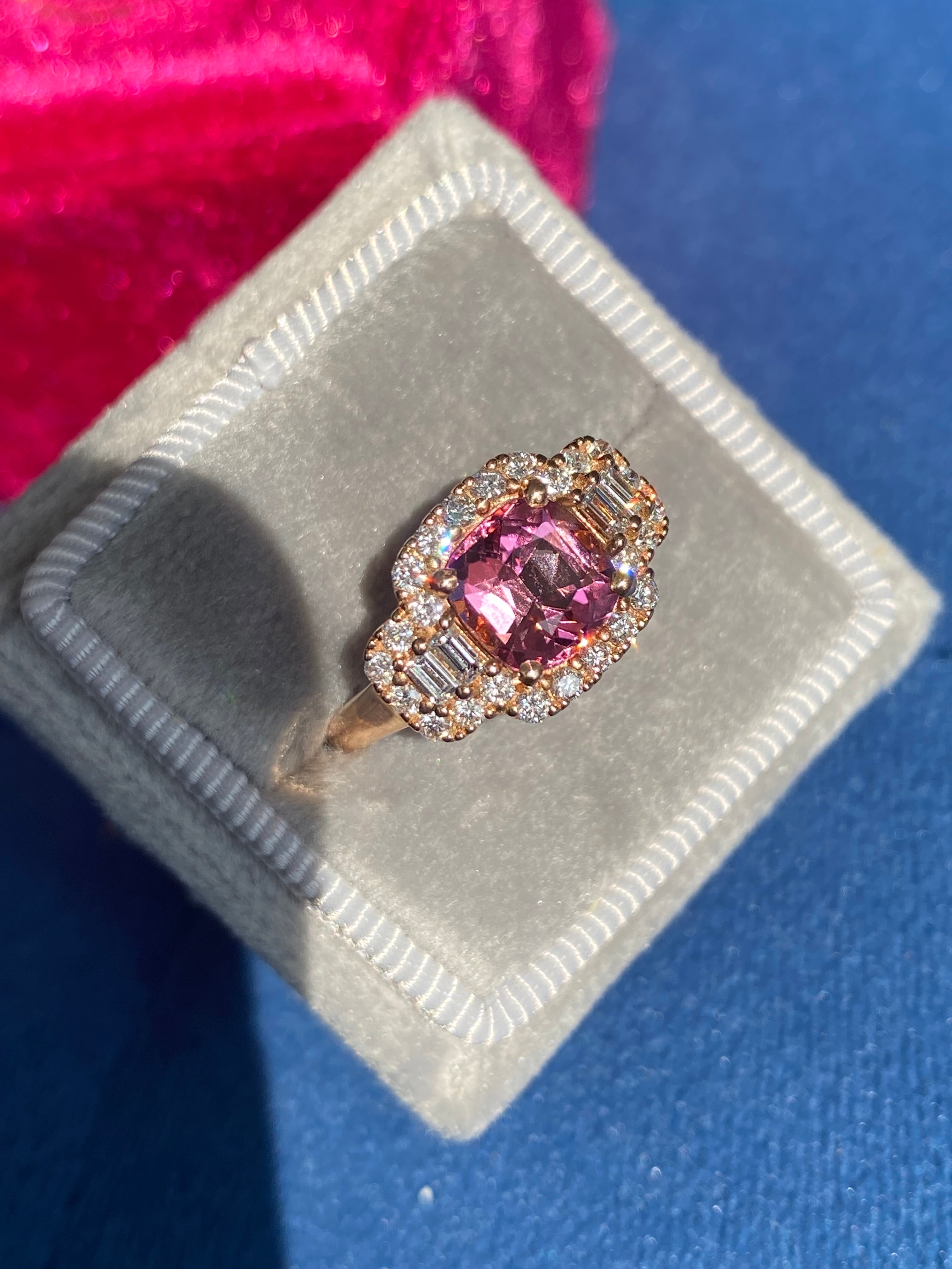 2.02 CTW Pink Tourmaline and Natural Diamond Three Stone Halo Ring in 18ct Rose Gold