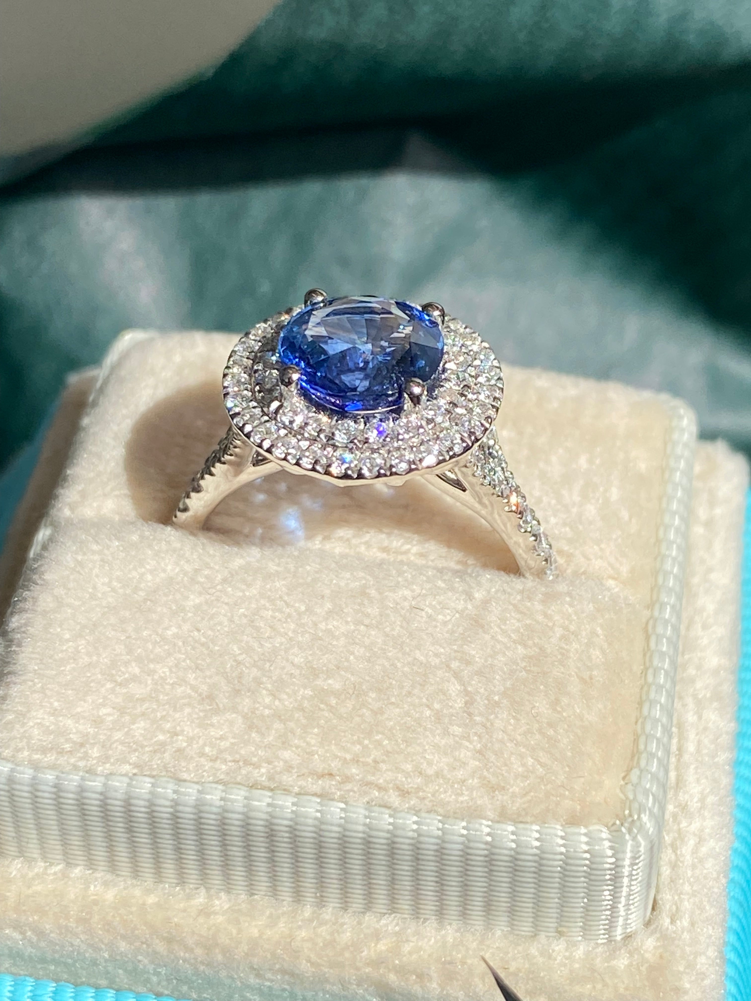 2.56 CTW Blue Ceylon Sapphire and Natural Diamond Double Halo Ring in Platinum