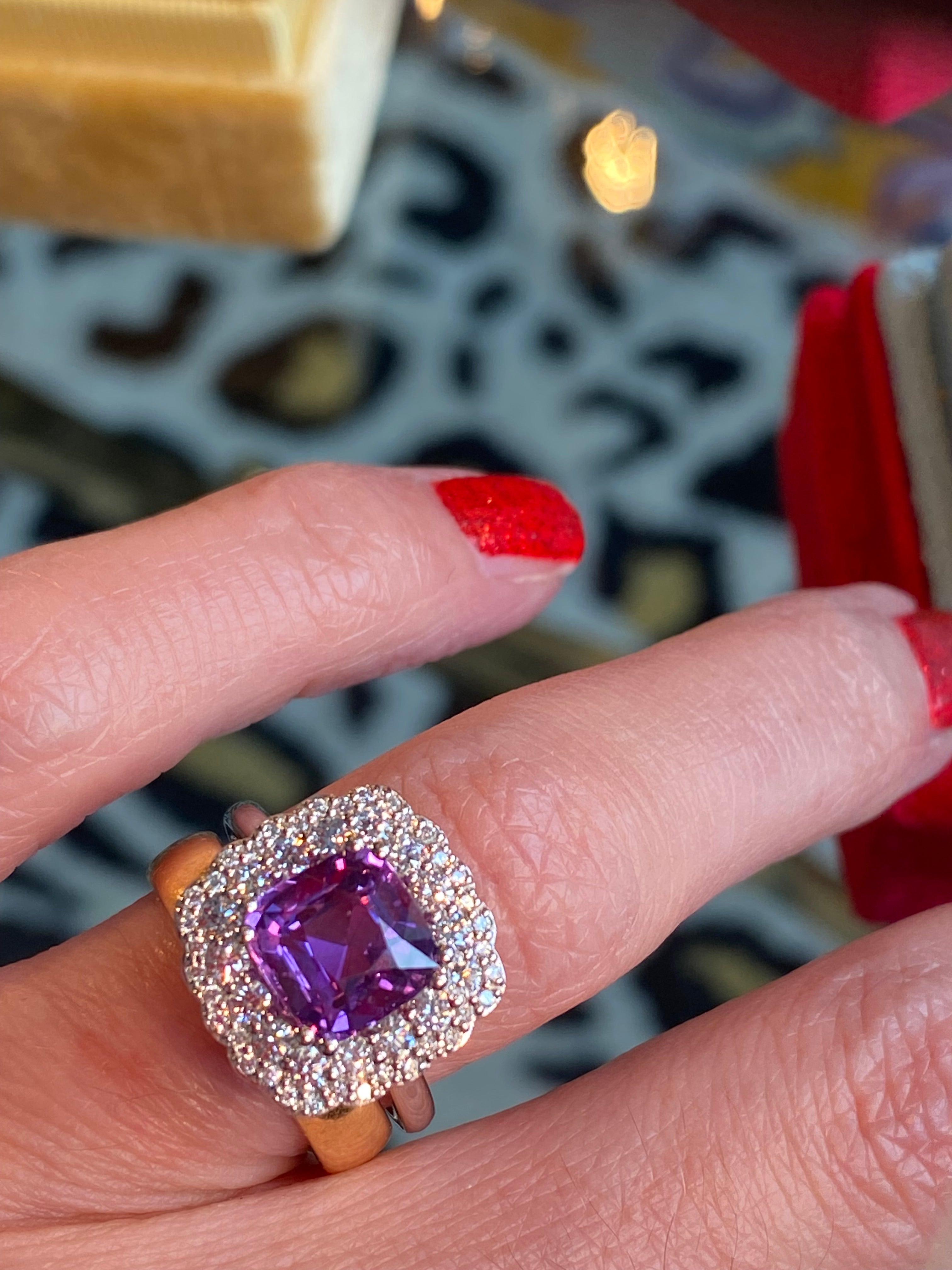 3.71 CTW No Heat Purple Sapphire and Natural Diamond Halo Ring in Platinum