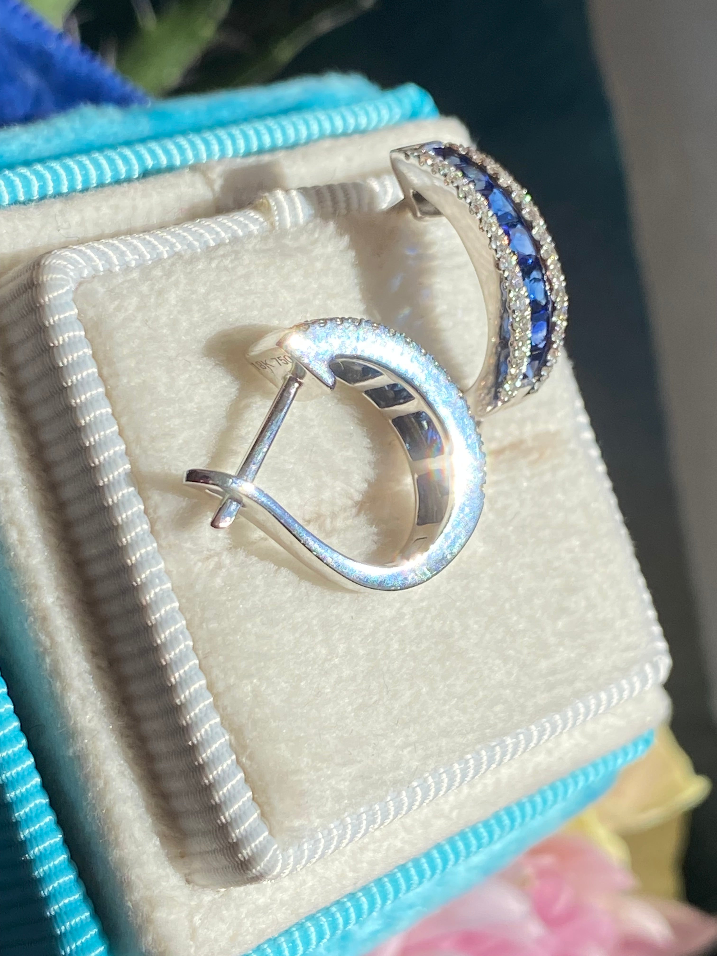 1.25 CTW Sapphire and Natural Diamond Hoop Earrings in 18ct White Gold