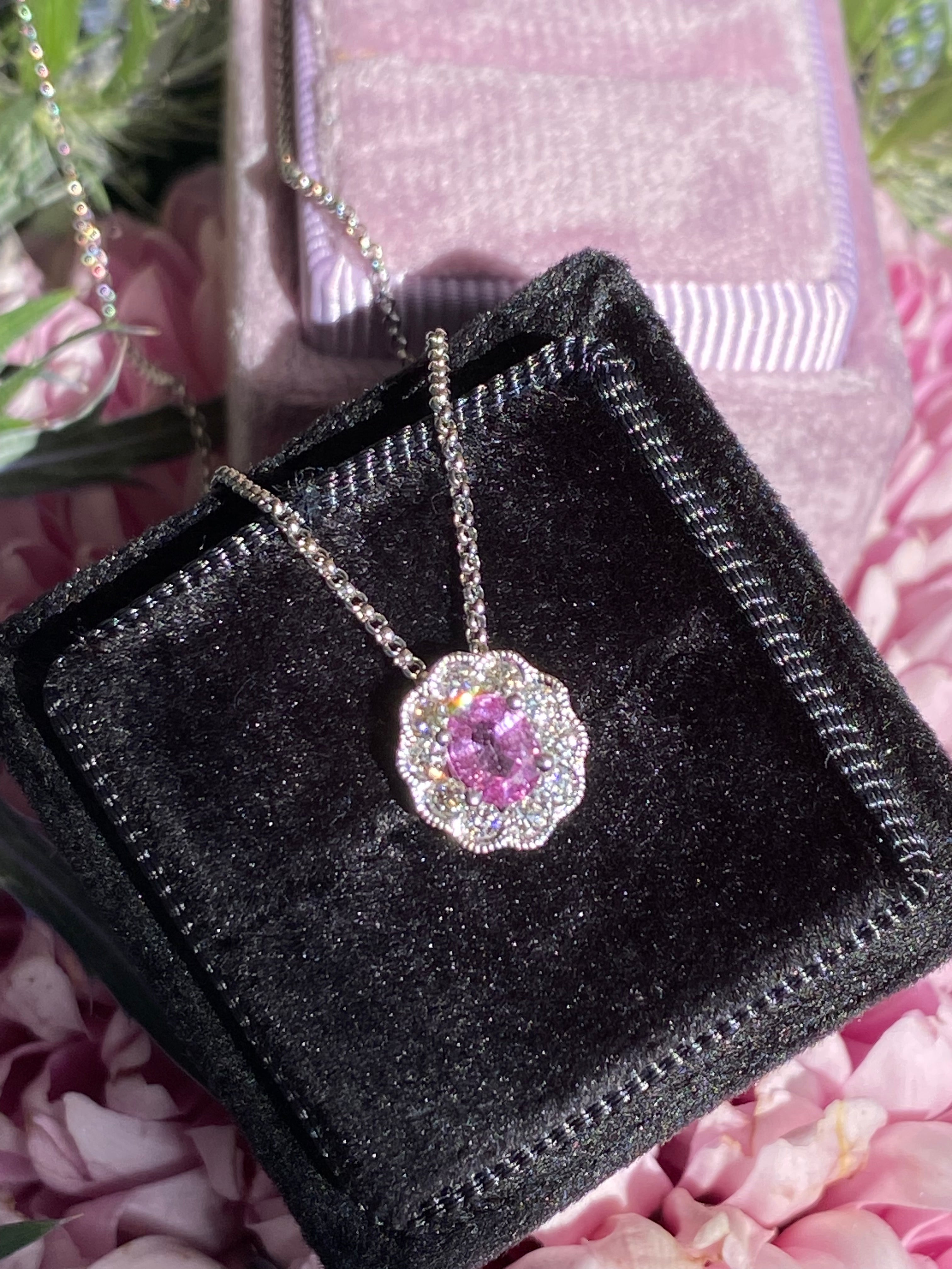 0.70 CTW Pink Sapphire and Natural Diamond Pendant Necklace in 18ct White Gold