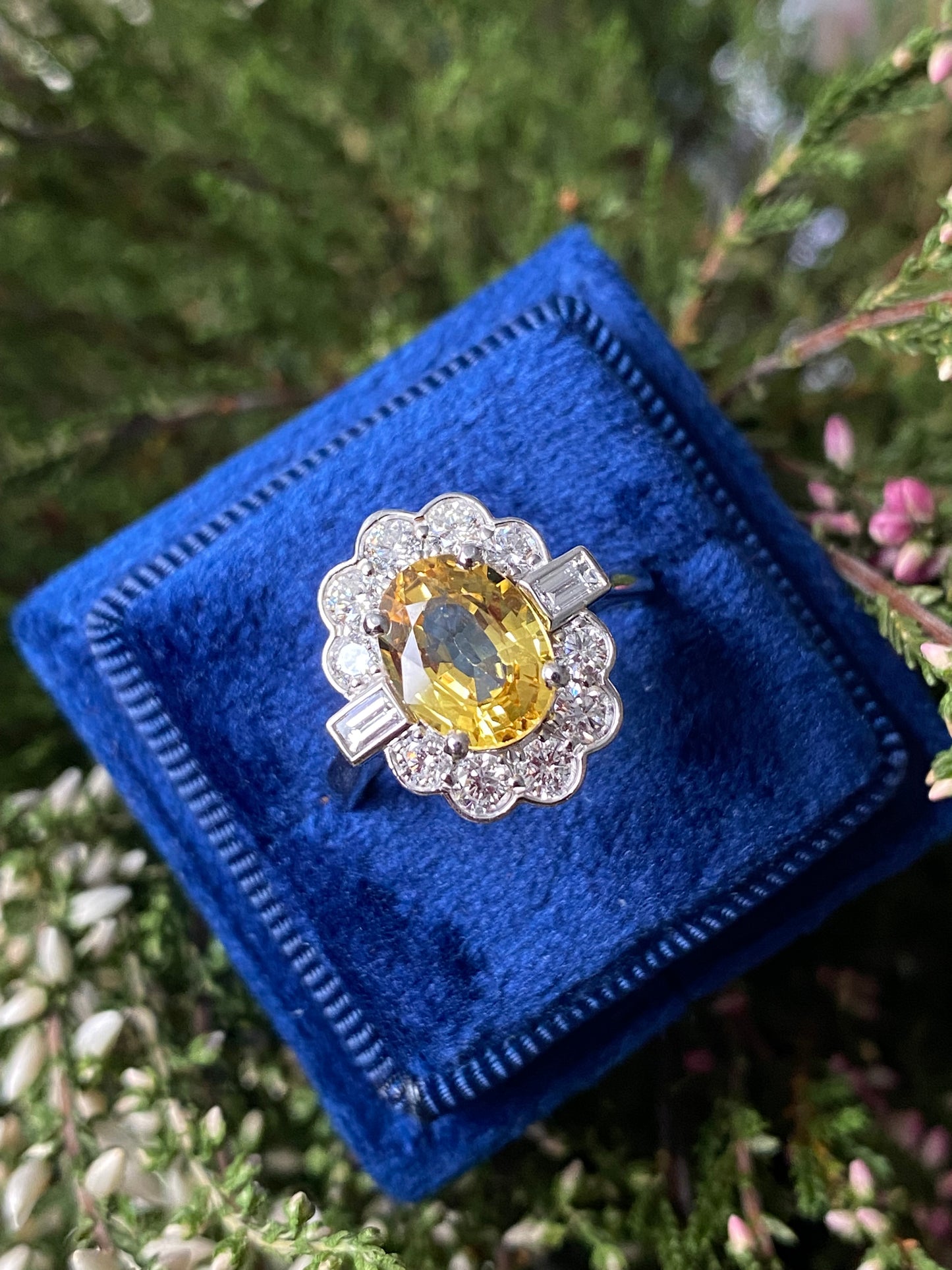 2.45 Carat Yellow Sapphire and Natural Diamond Halo Ring in Platinum