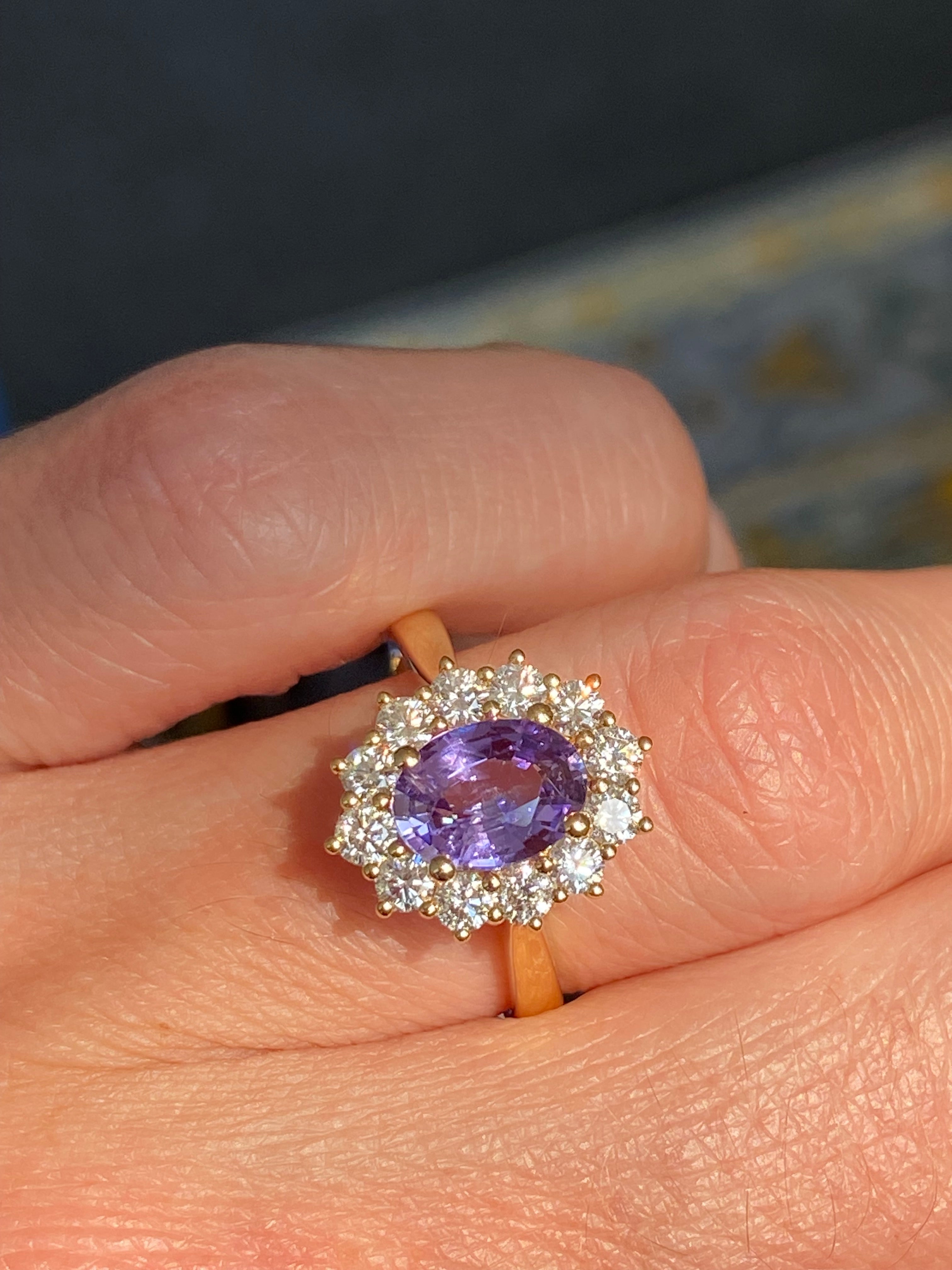 2.08 CTW Violet Sapphire and Natural Diamond Halo Ring in 18ct Yellow Gold