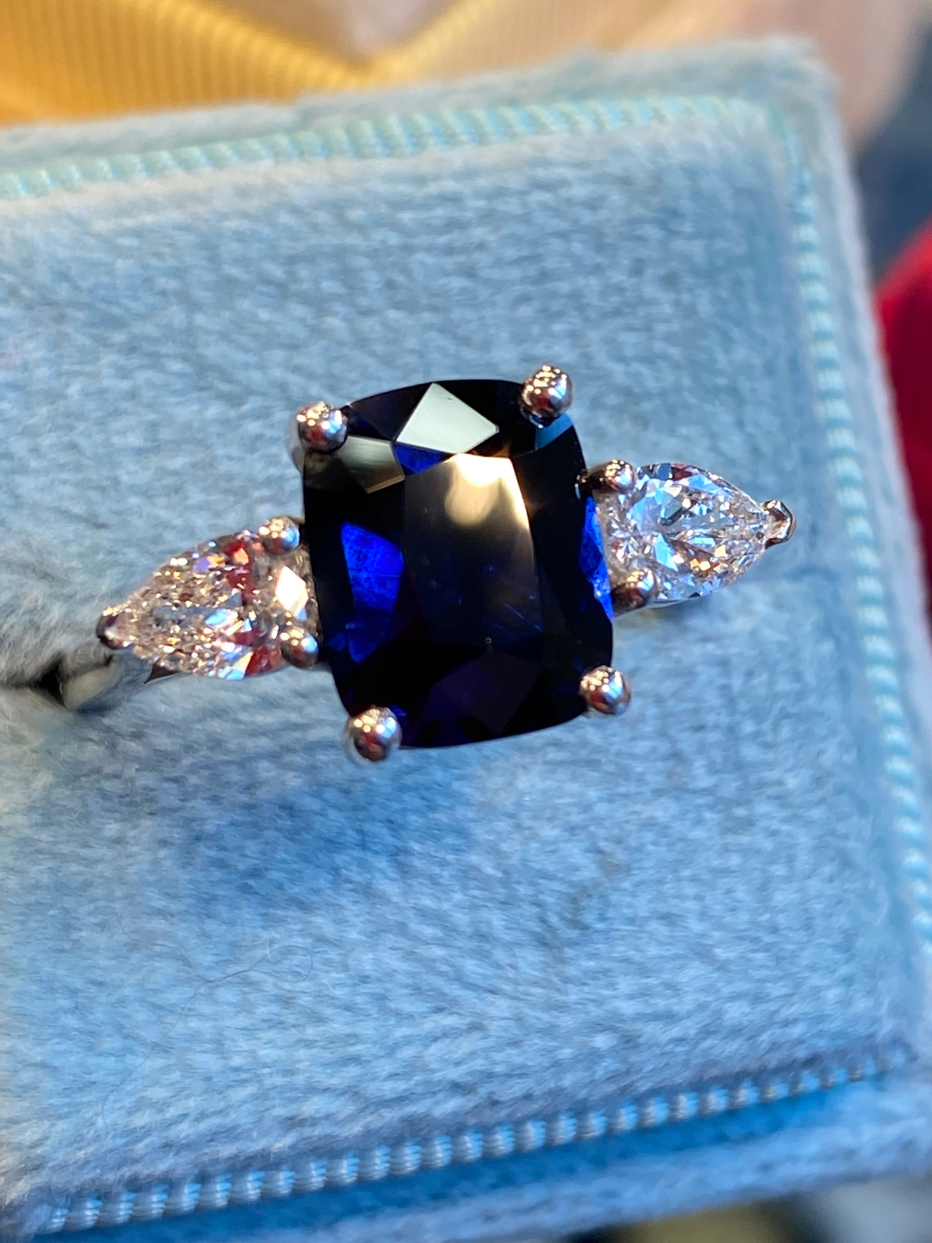 4.04 CTW Deep Blue Ceylon Sapphire and Natural Diamond Three Stone Engagement Ring in Platinum