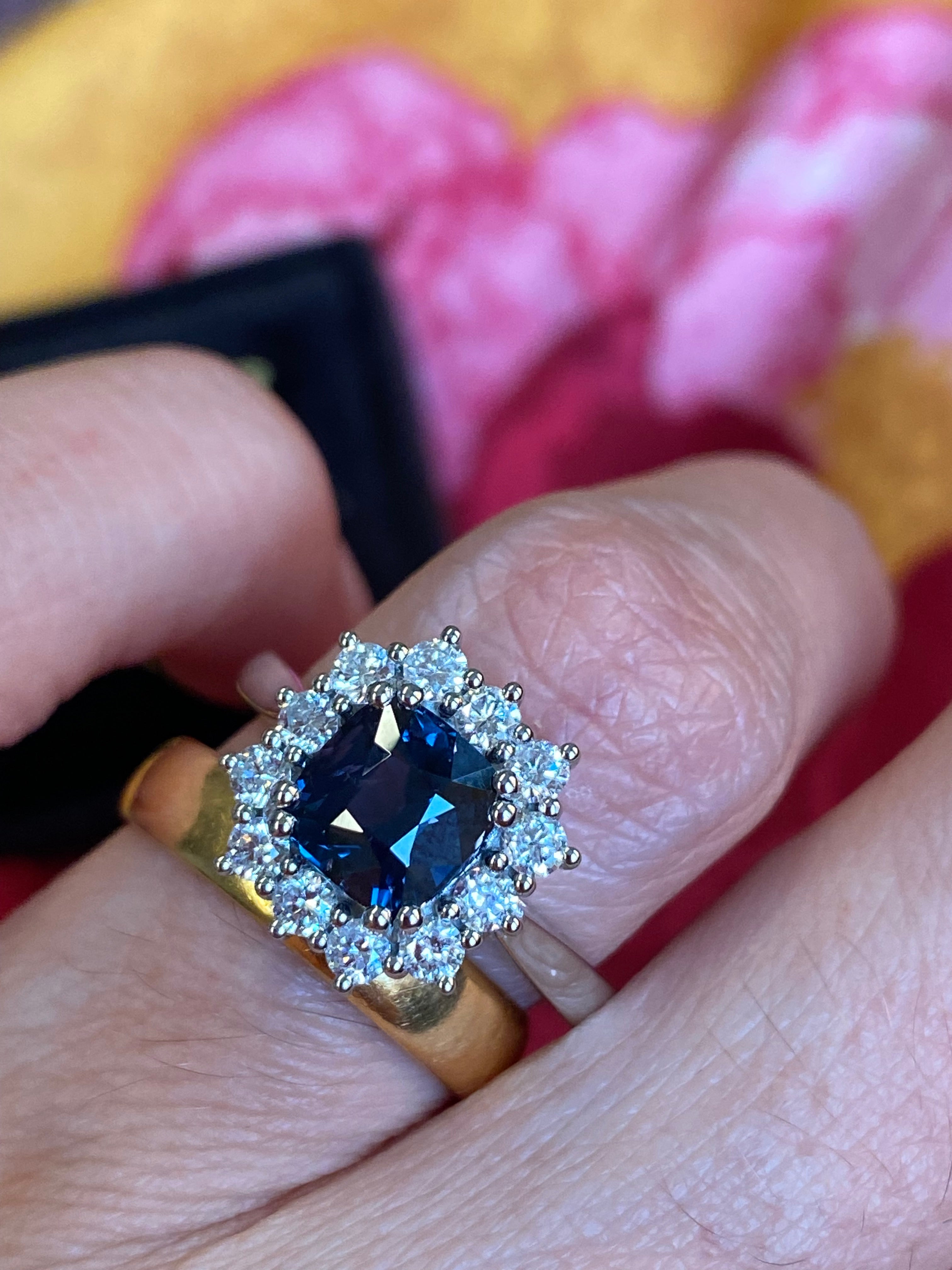 2.00 Carat Cushion Cut Teal Sapphire and Natural Diamond Halo Ring in Platinum