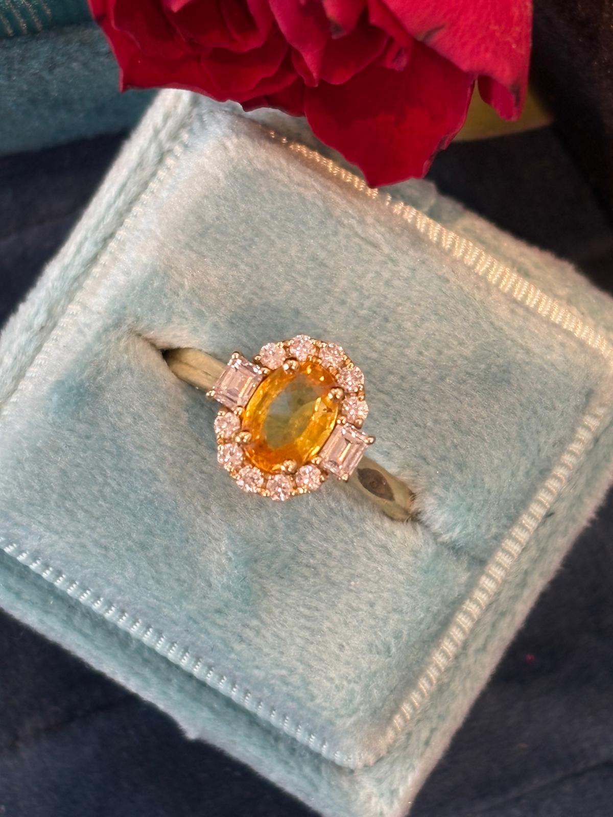 0.93 Carat Orange Yellow Sapphire and 0.37ctw Natural Diamond Halo Engagement Ring in 18ct Yellow Gold