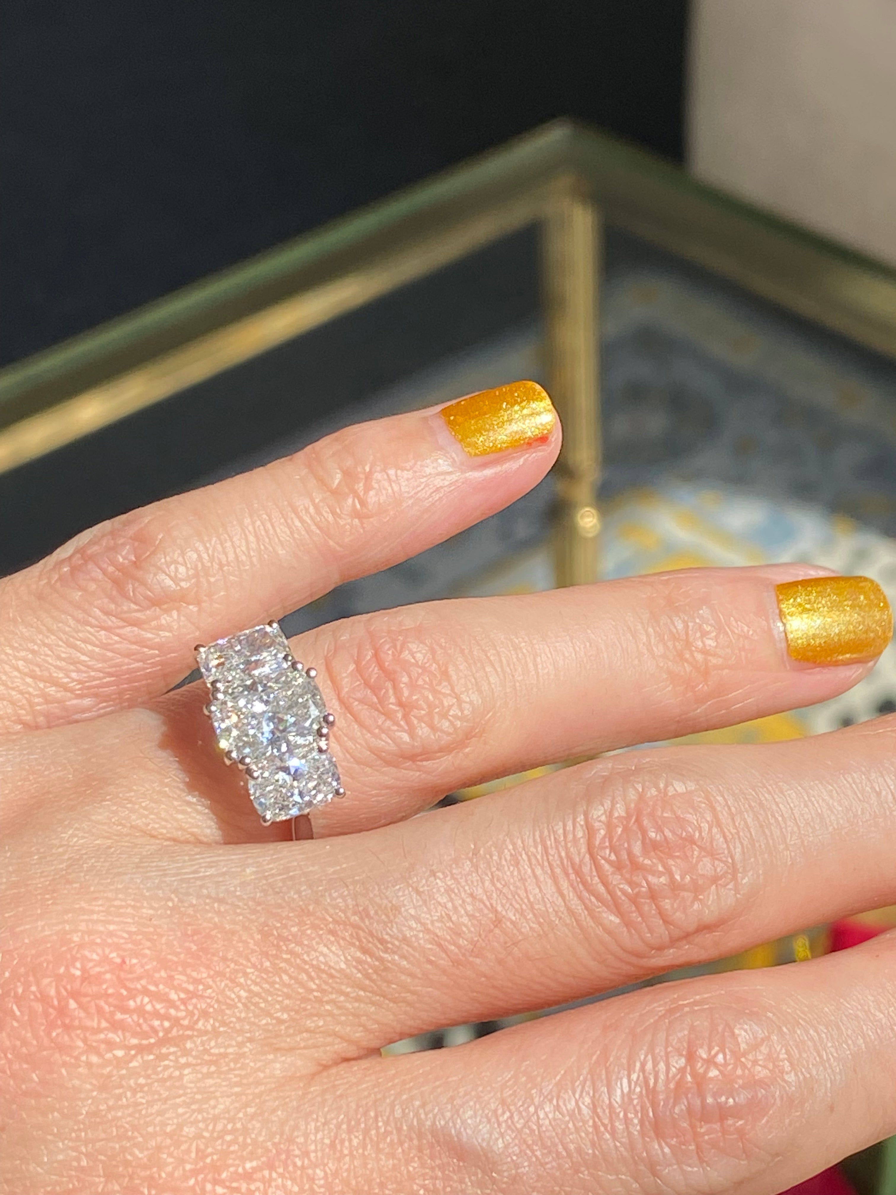 4.10 CTW Cushion Cut D Colour VS1 Lab Diamond Three Stone Ring in Platinum