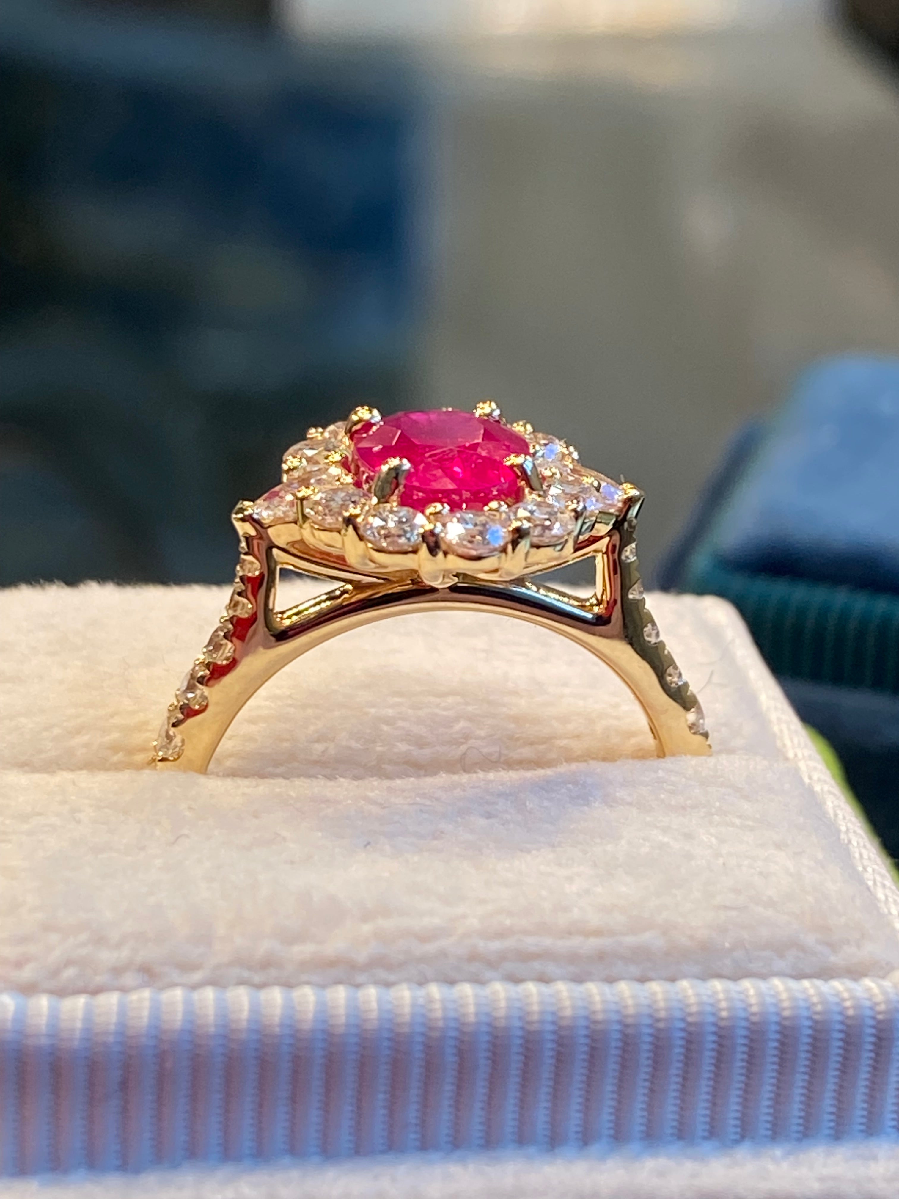 2.40 CTW Ruby and Natural Diamond Halo Ring in 18ct Yellow Gold