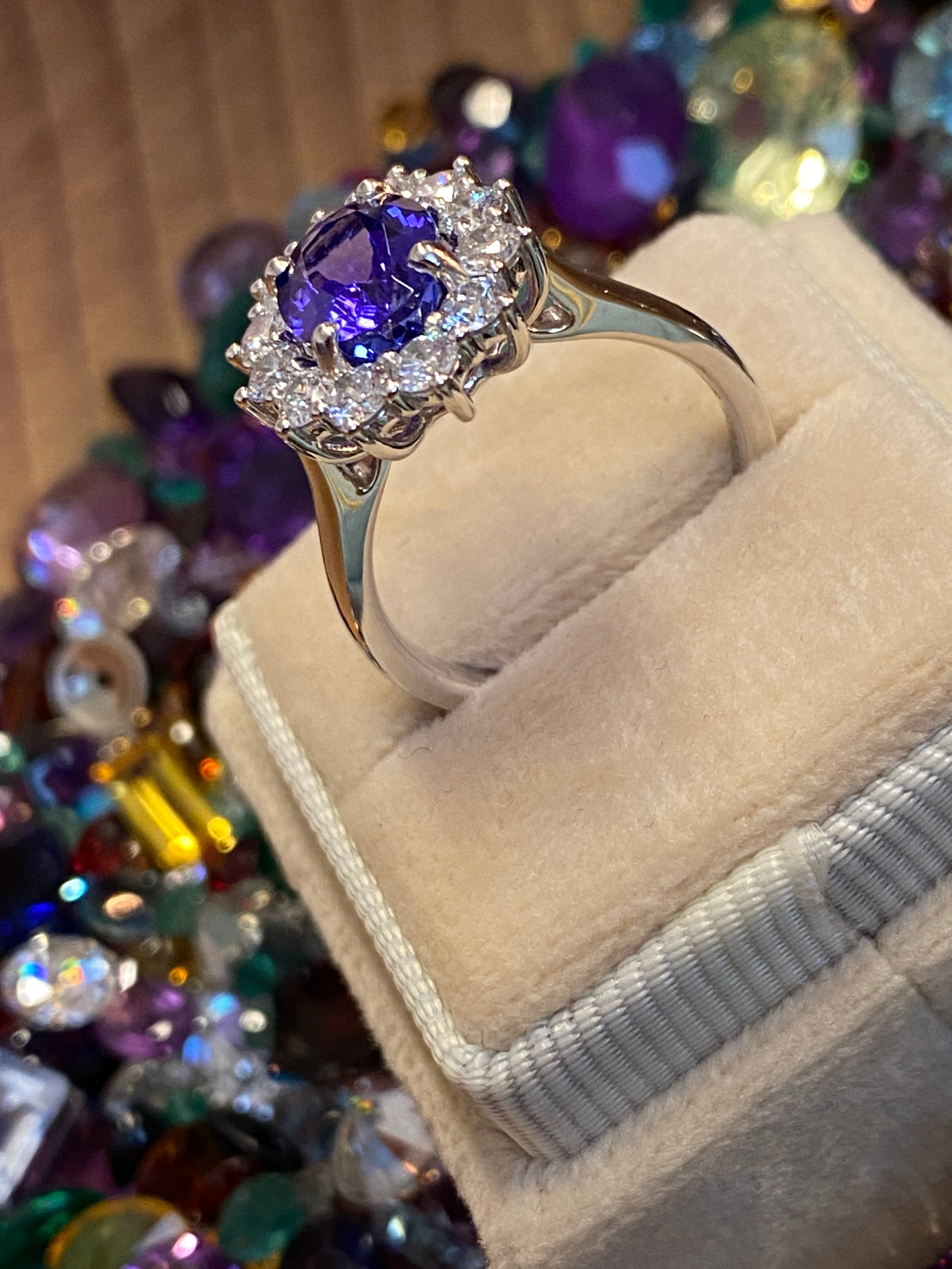 2.37 Carat Oval Cut Tanzanite and 0.93 ctw Natural Diamond Ring in Platinum