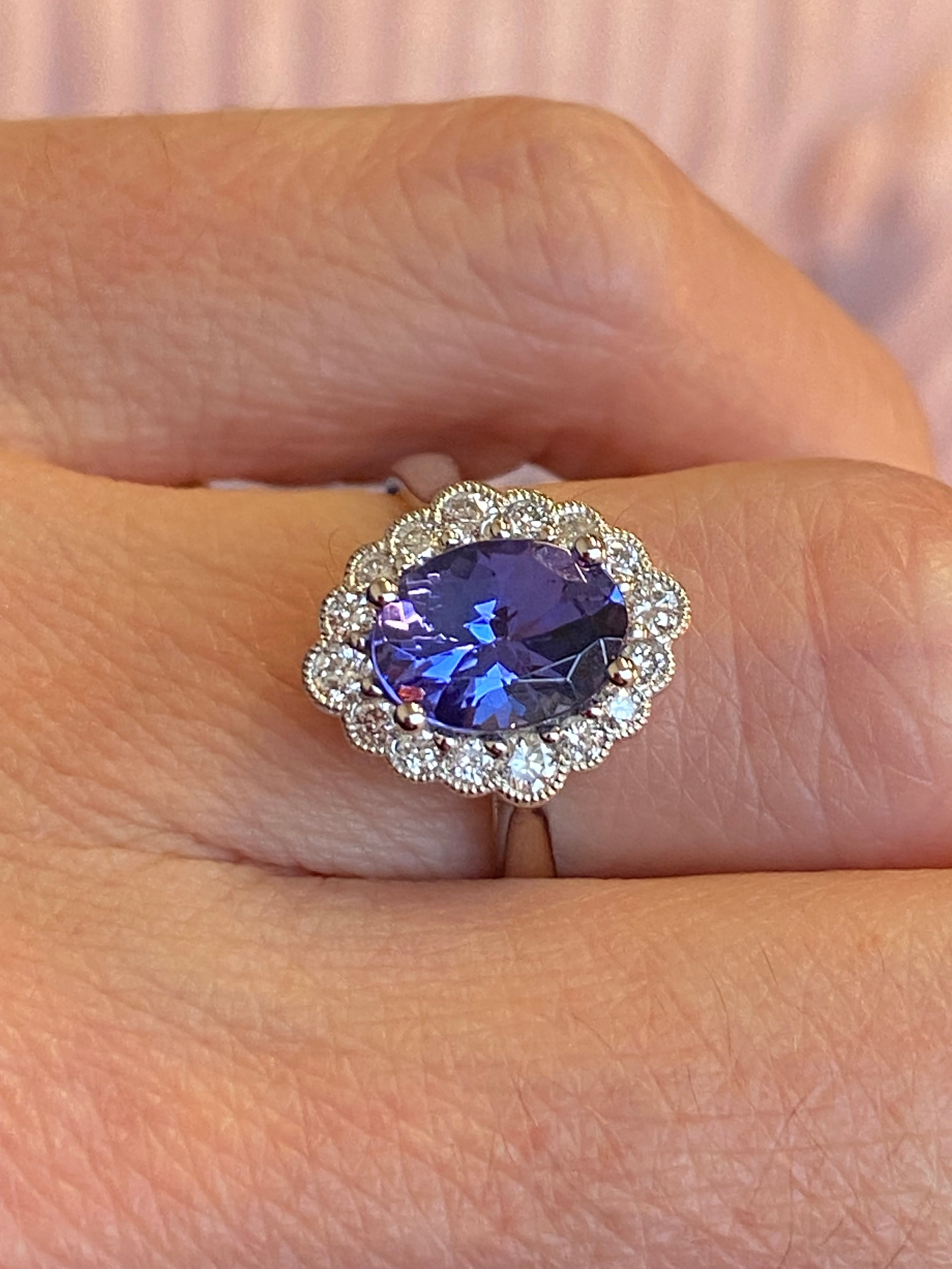 1.99 CTW Tanzanite and Natural Diamond Halo Ring in Platinum