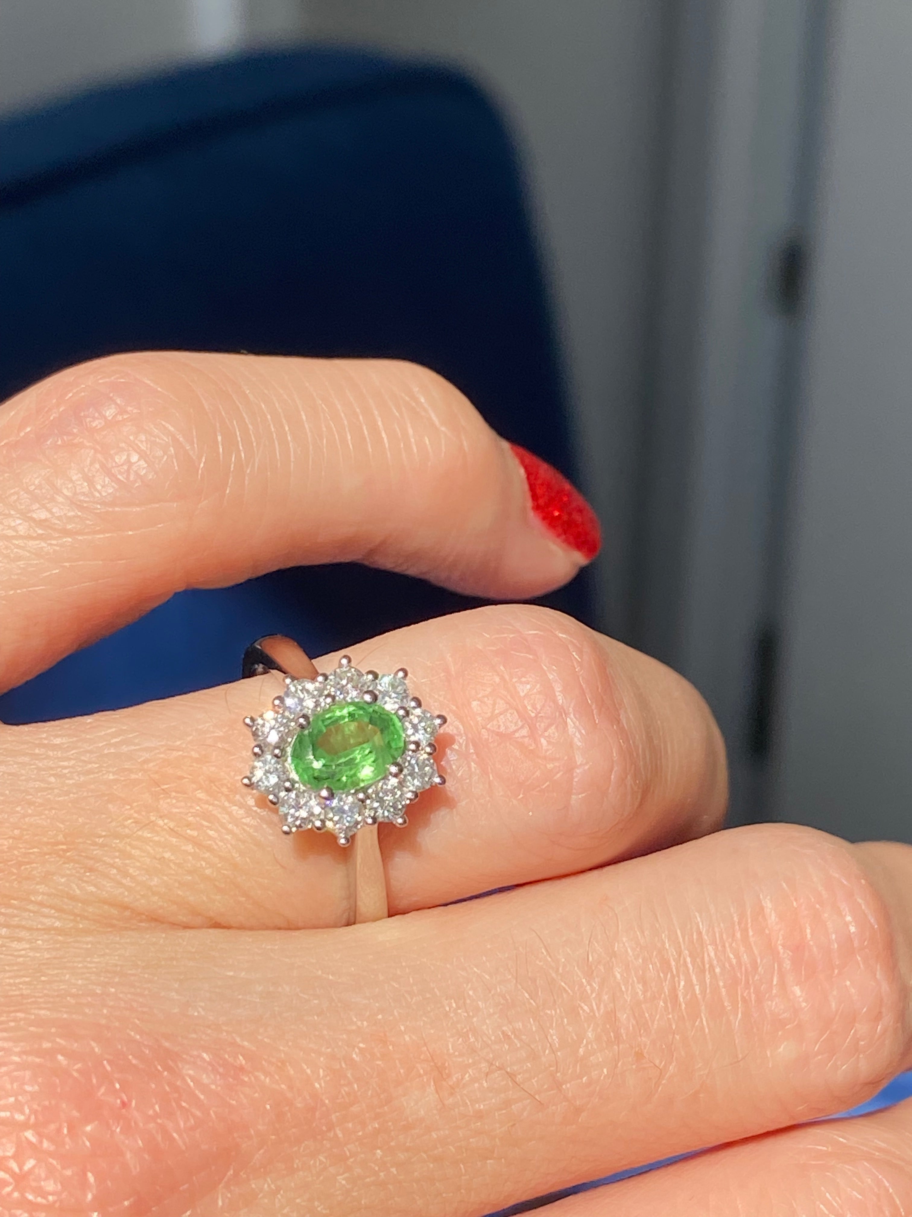 1.32 CTW Tsavorite Garnet and Natural Diamond Halo Ring in Platinum
