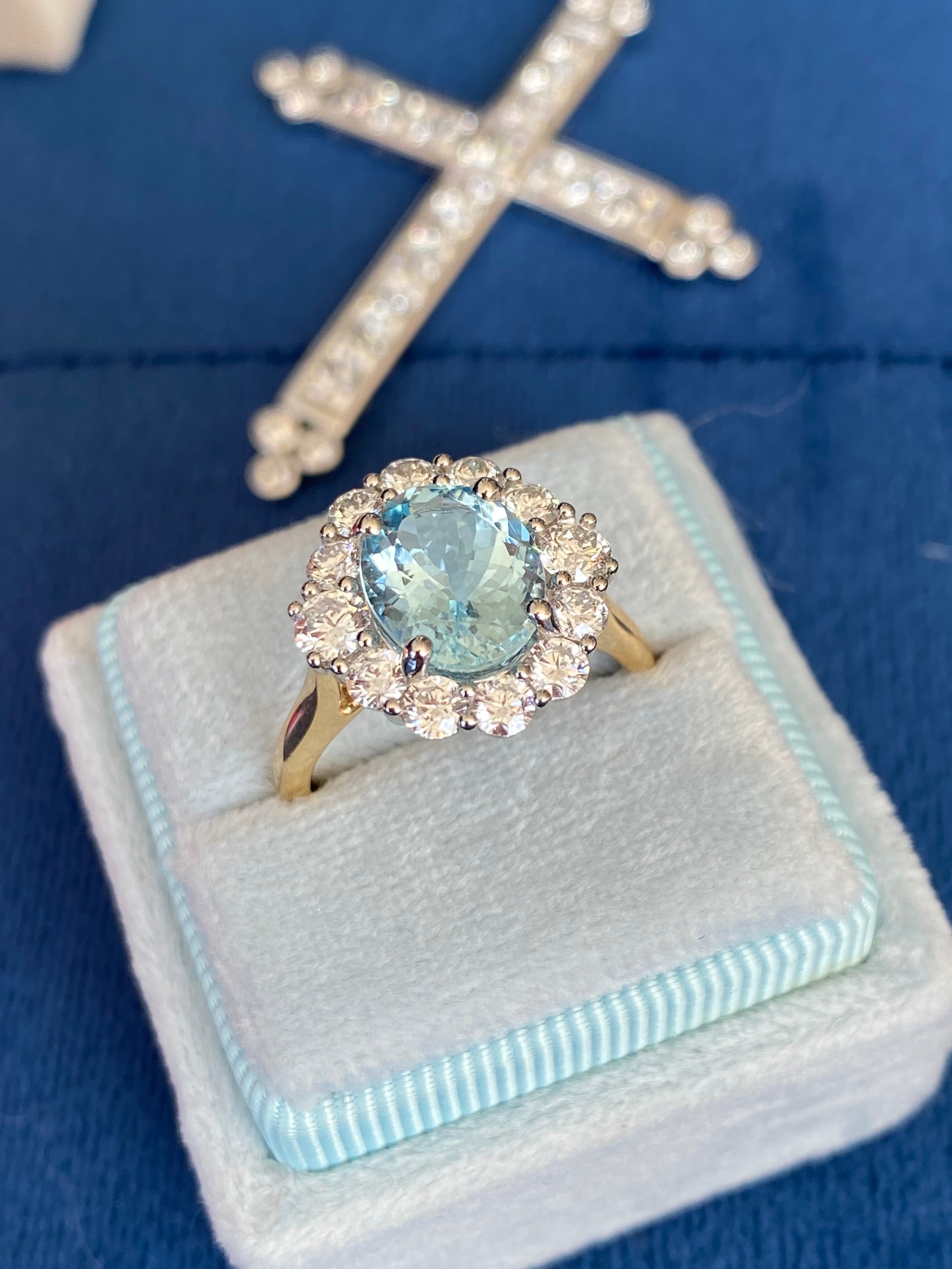 3.53 CTW Aquamarine and Natural Diamond Halo Ring in Platinum and 18ct Yellow Gold