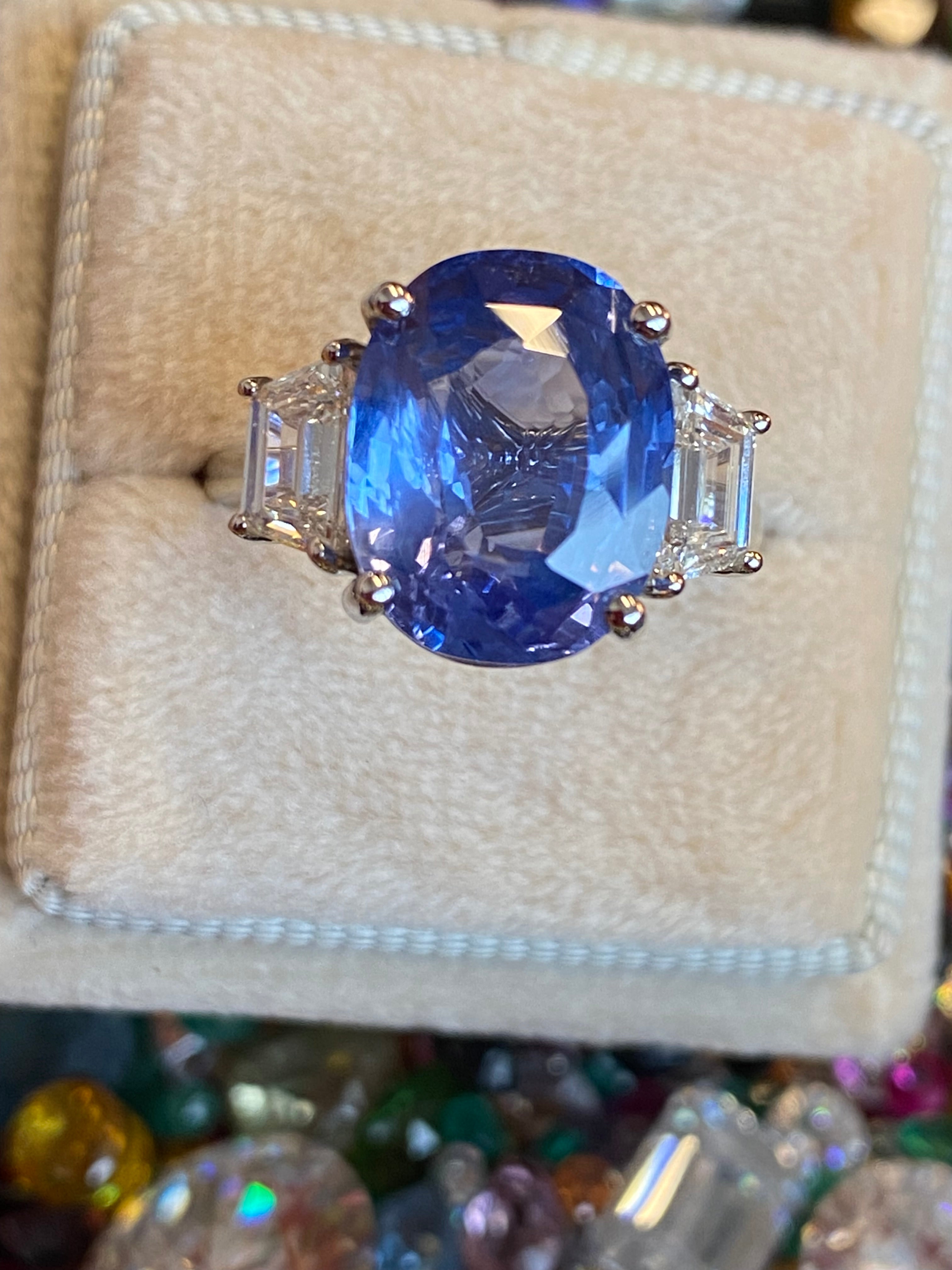 6.25 Carat Unheated Blue Ceylon Sapphire and 0.95 Carat Diamond Ring