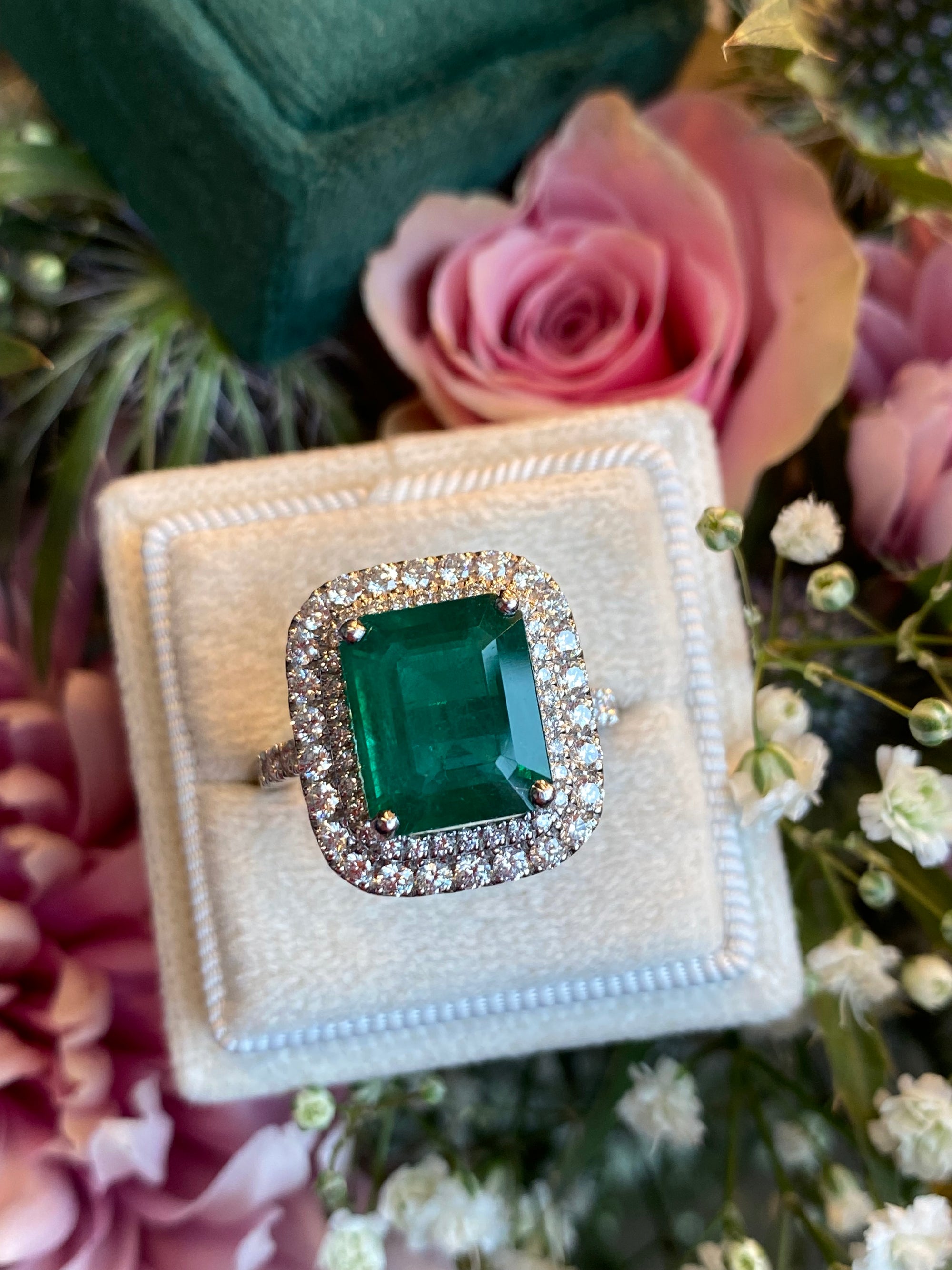 6.07 Carat Emerald Cut Emerald and Diamond Halo Ring in Platinum