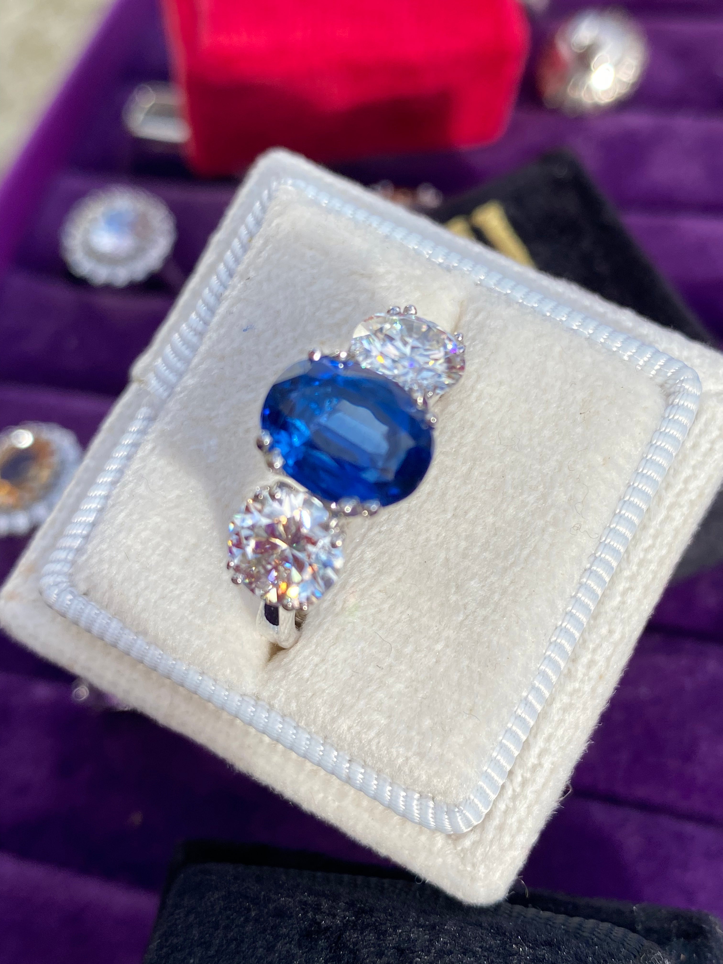 4.41 CTW Oval Cut Kyanite and Moissanite Three Stone Ring in Sterling Silver