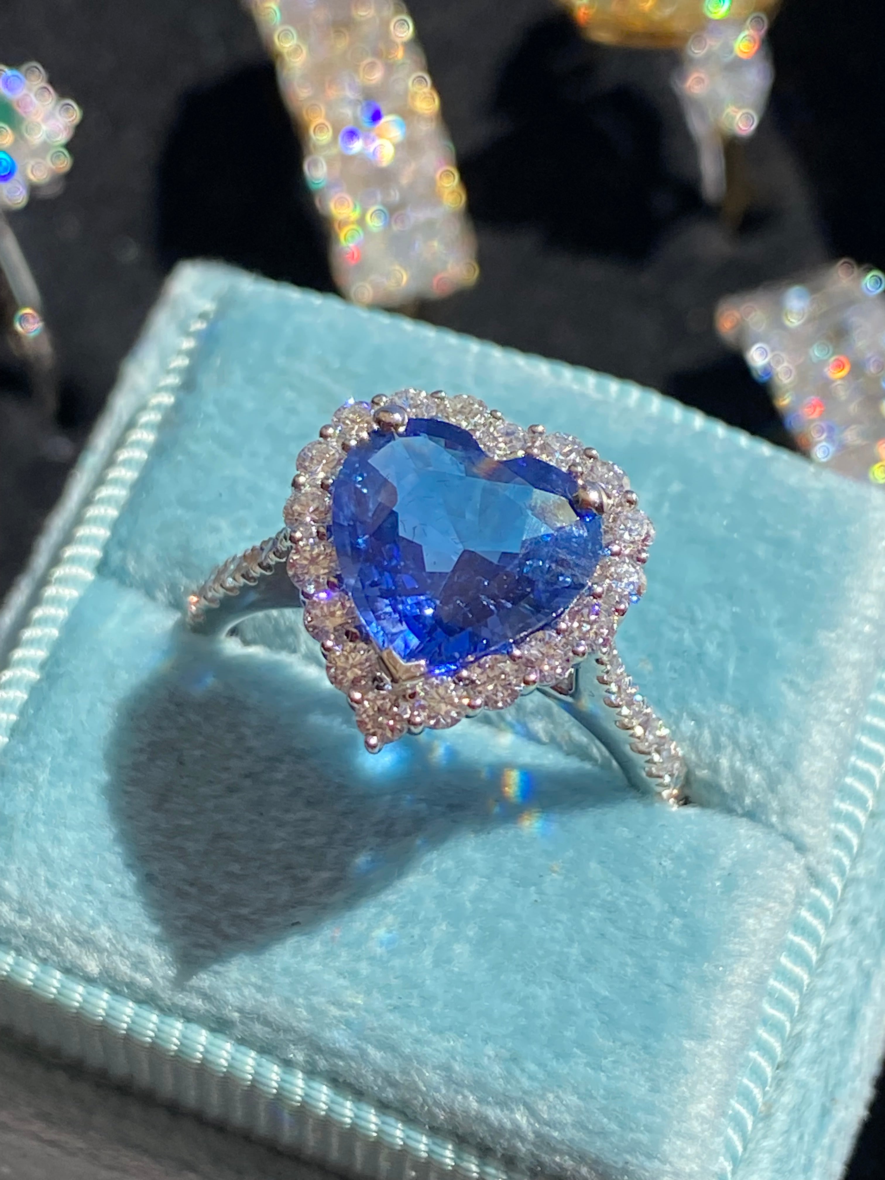 2.56 Carat Heart Shape Ceylon Sapphire and Natural Diamond Halo Ring in Platinum