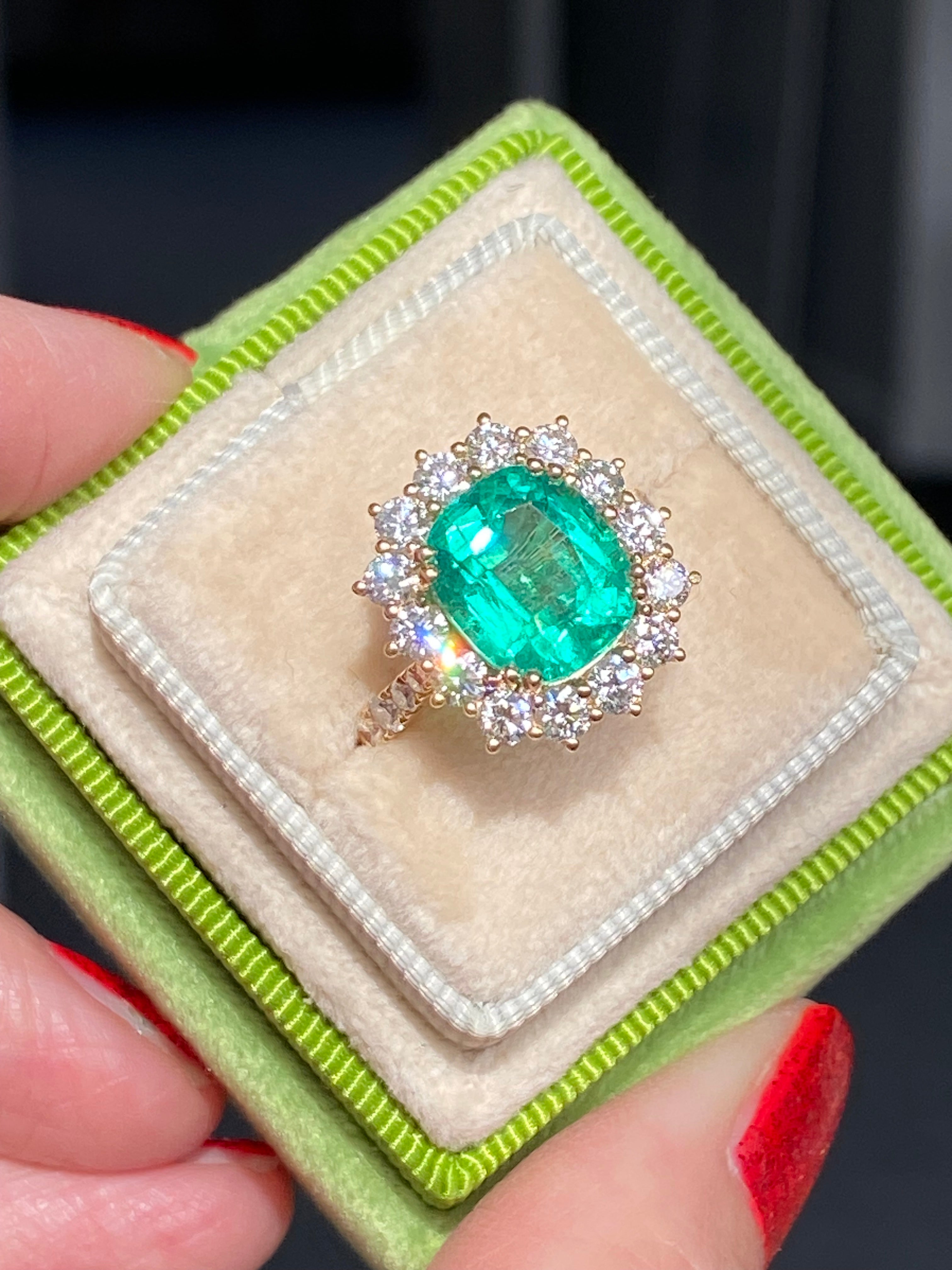 5.31 CTW Cushion Cut Emerald and Natural Diamond Halo Ring in 18ct Yellow Gold