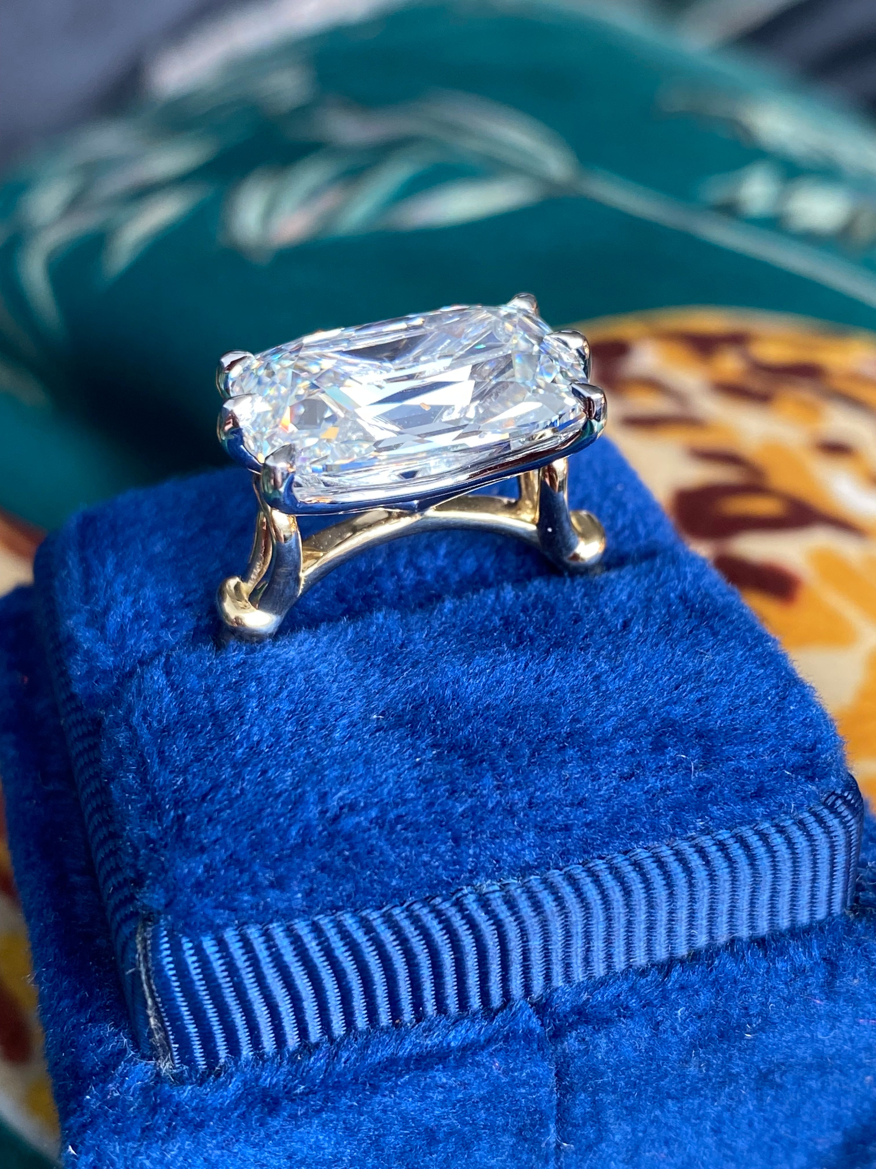 8.09 Carat Old Mine Cut Lab Diamond East West Solitaire Engagement Ring in 18ct Yellow Gold and Platinum