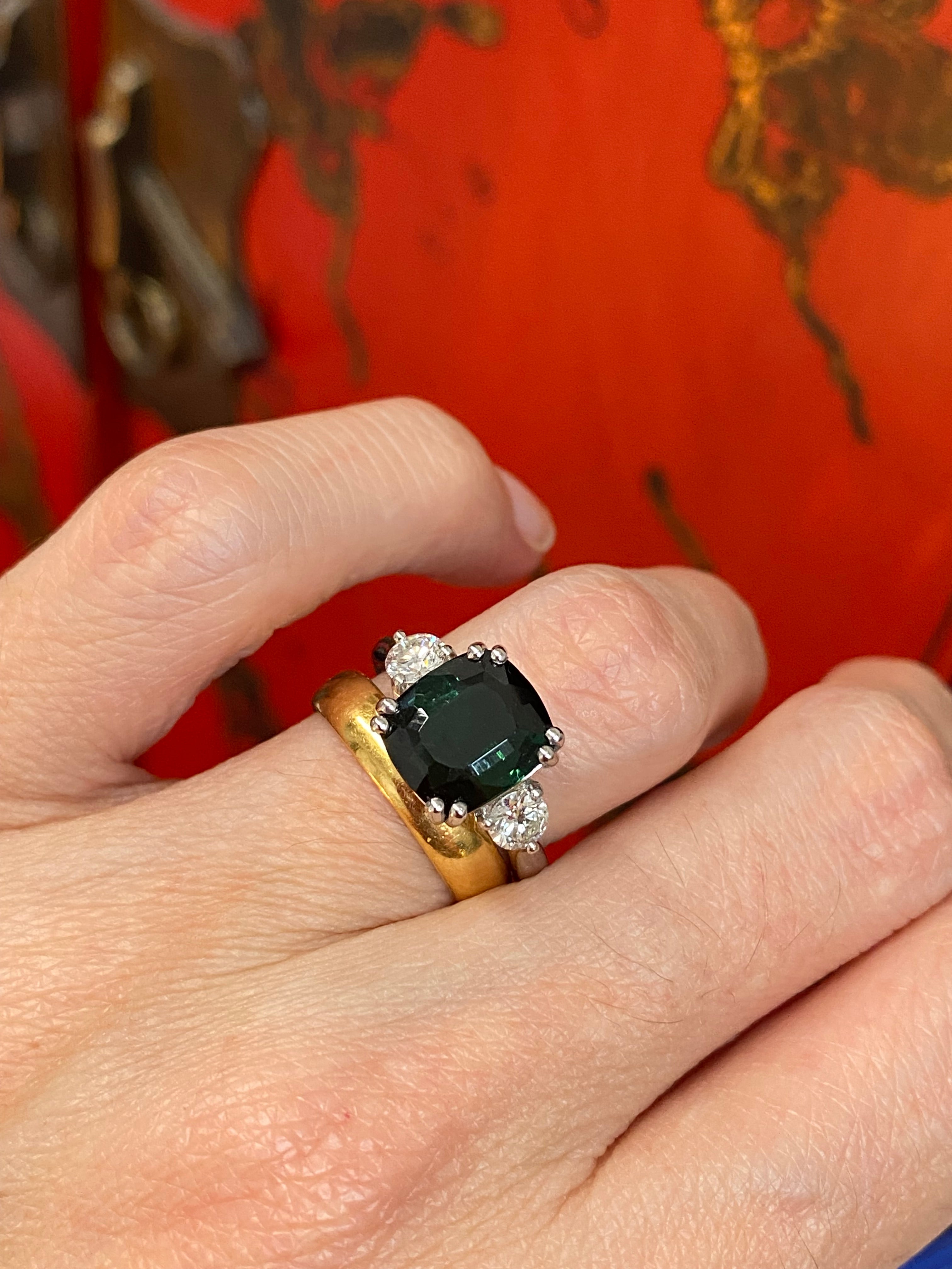 3.97 Carat Green Tourmaline and Natural Diamond Ring in Platinum