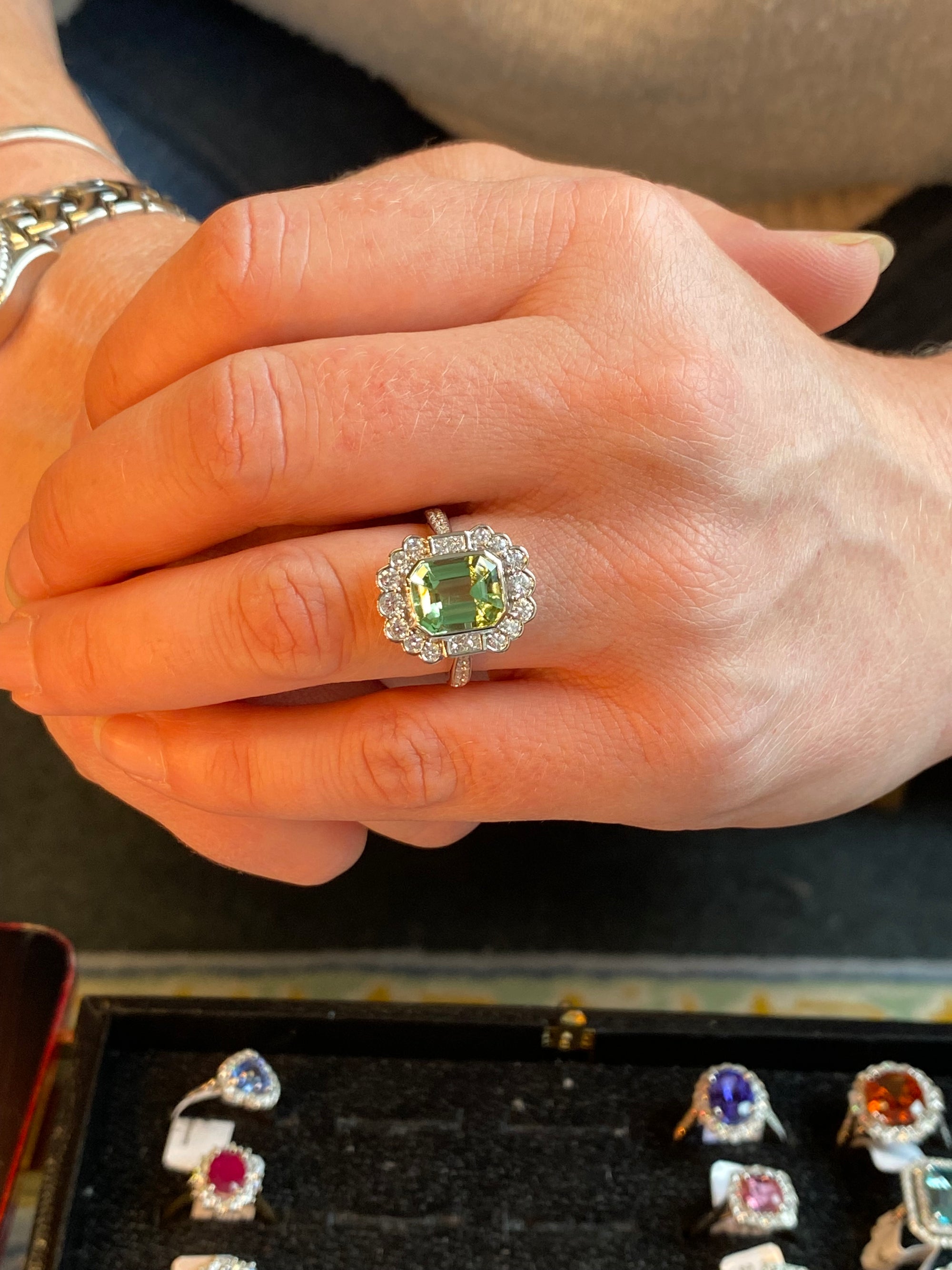 4.01 CTW Emerald Cut Mint Tourmaline and Natural Diamond Ring in Platinum