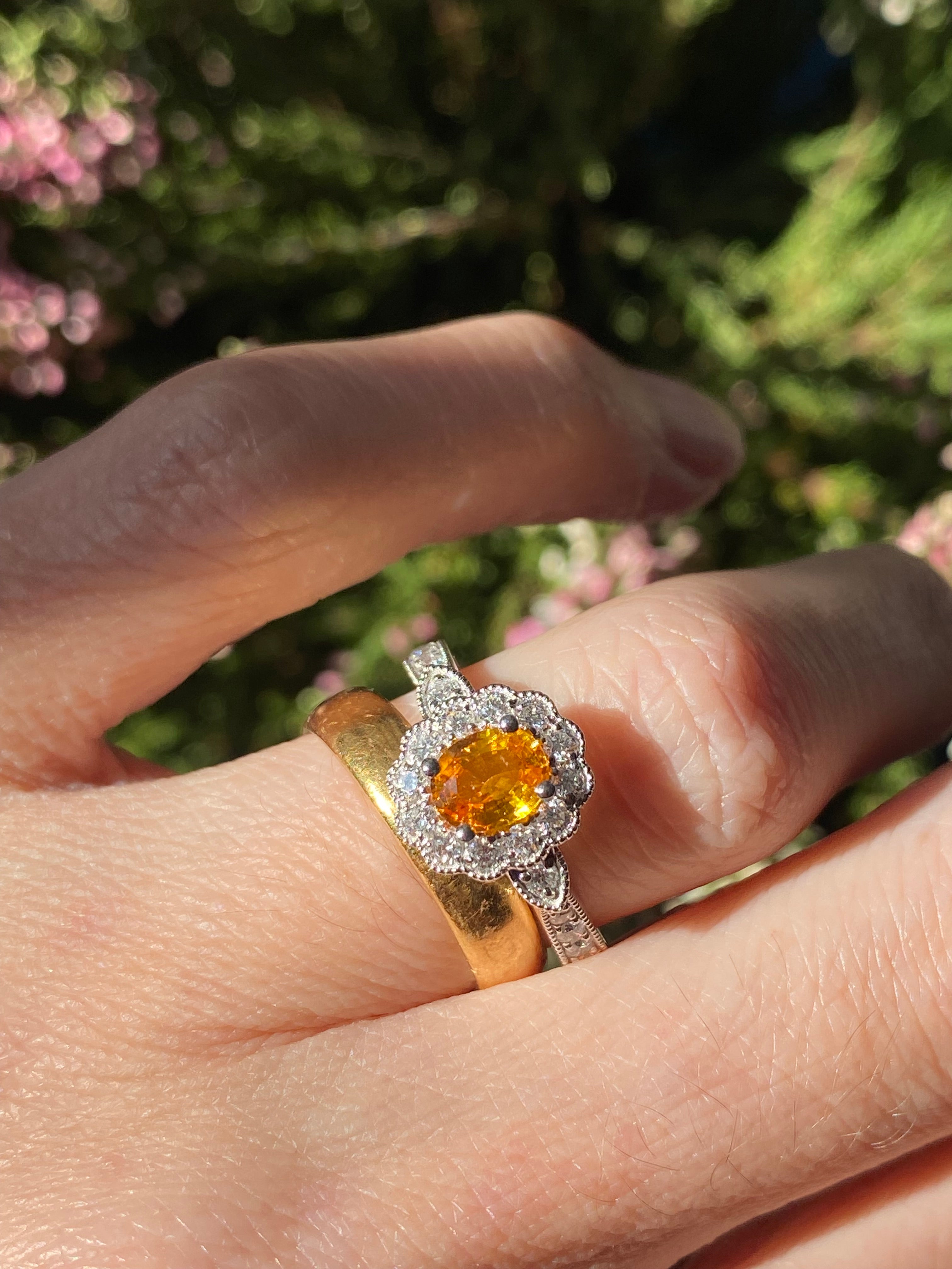 1.20ctw Orangey Yellow Sapphire and Natural Diamond Halo Ring in Platinum