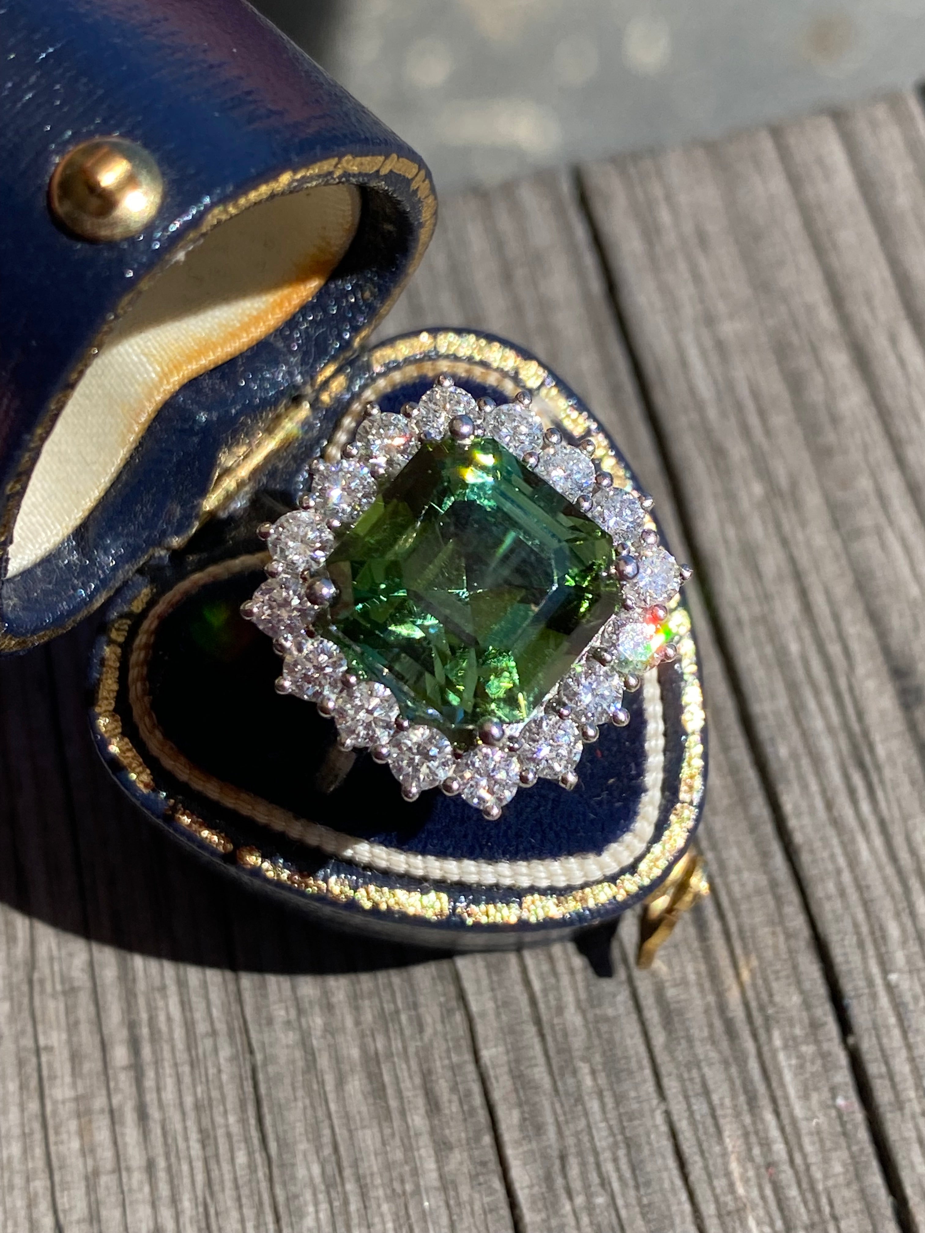 8.44 Carat Asscher Cut Green Tourmaline and 1.38ctw Natural Diamond Ring in Platinum