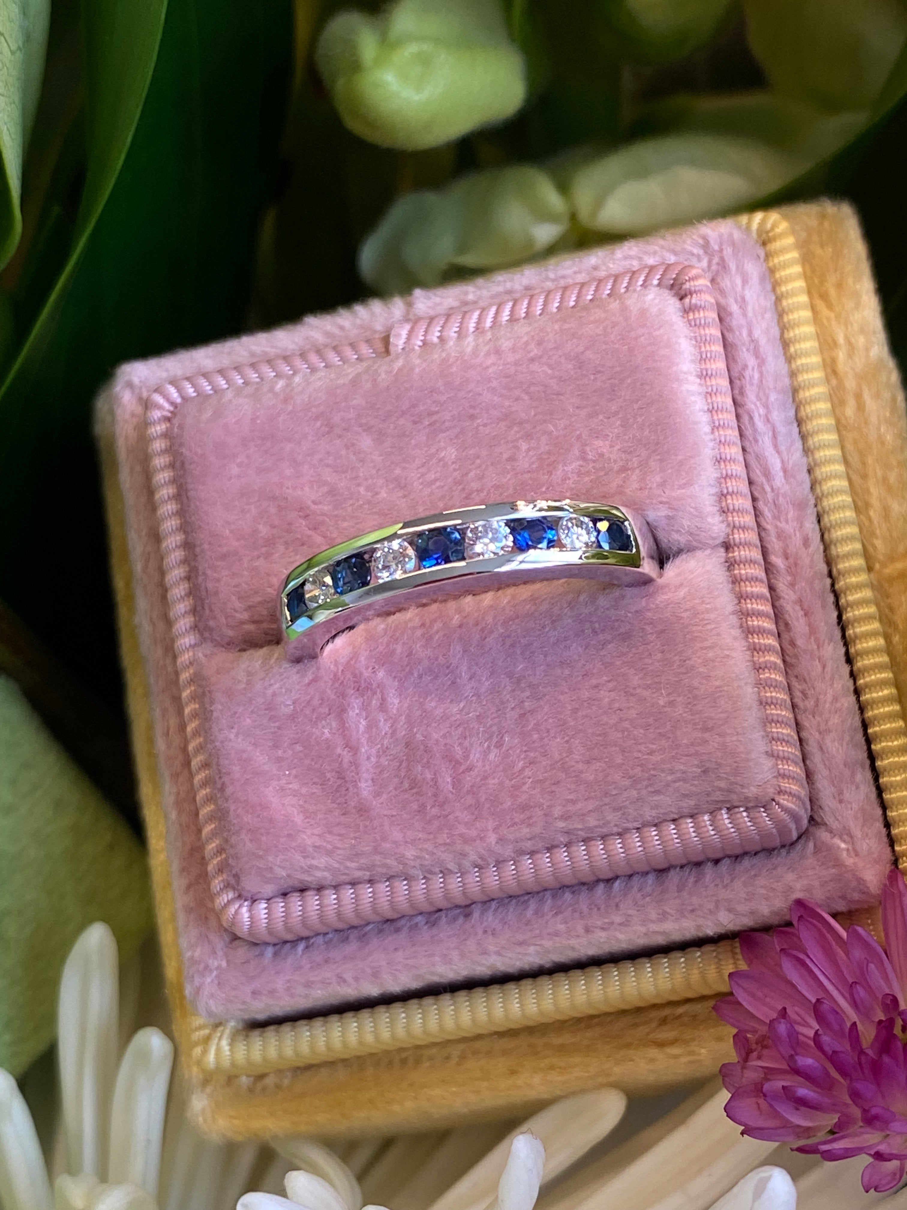 0.55 CTW Sapphire and Natural Diamond Eternity Wedding Stacking Ring in Platinum