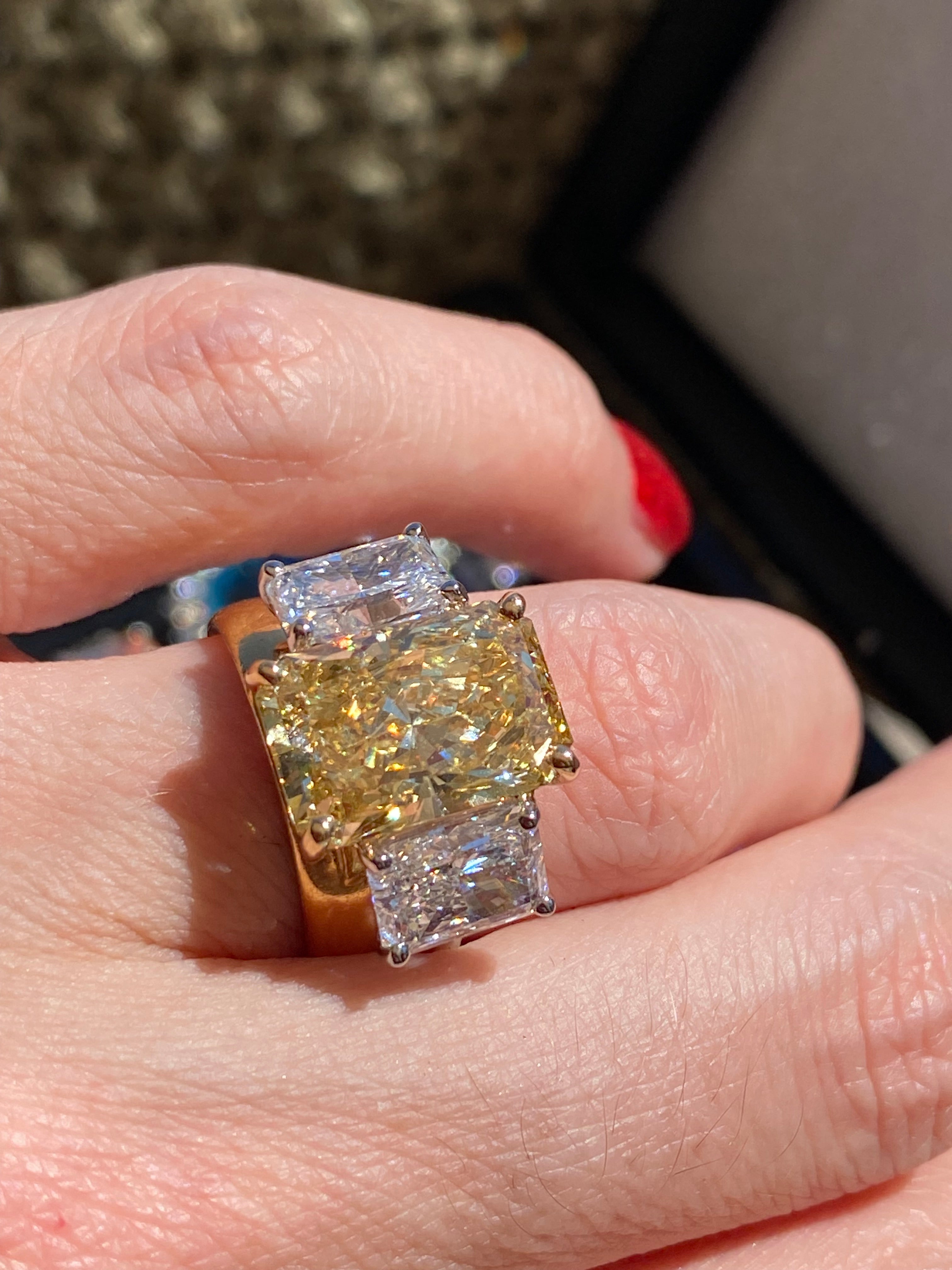 8.29 CTW Radiant Cut Fancy Yellow Lab Diamond Three Stone Engagement Ring in Platinum and 18ct Yellow Gold