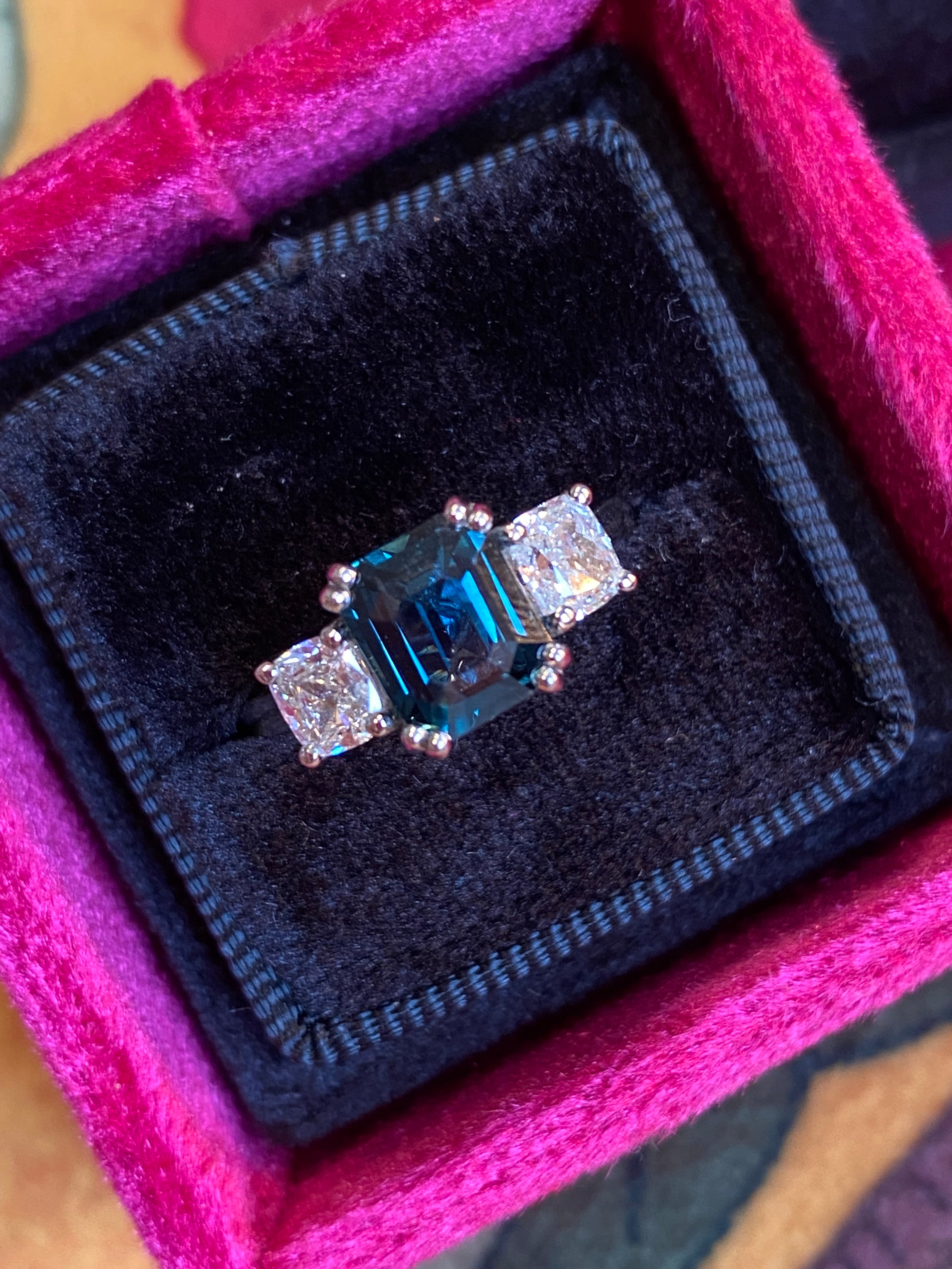 2.42 Carat Teal Sapphire and 0.97 CTW Natural Diamond Three Stone Ring in Platinum