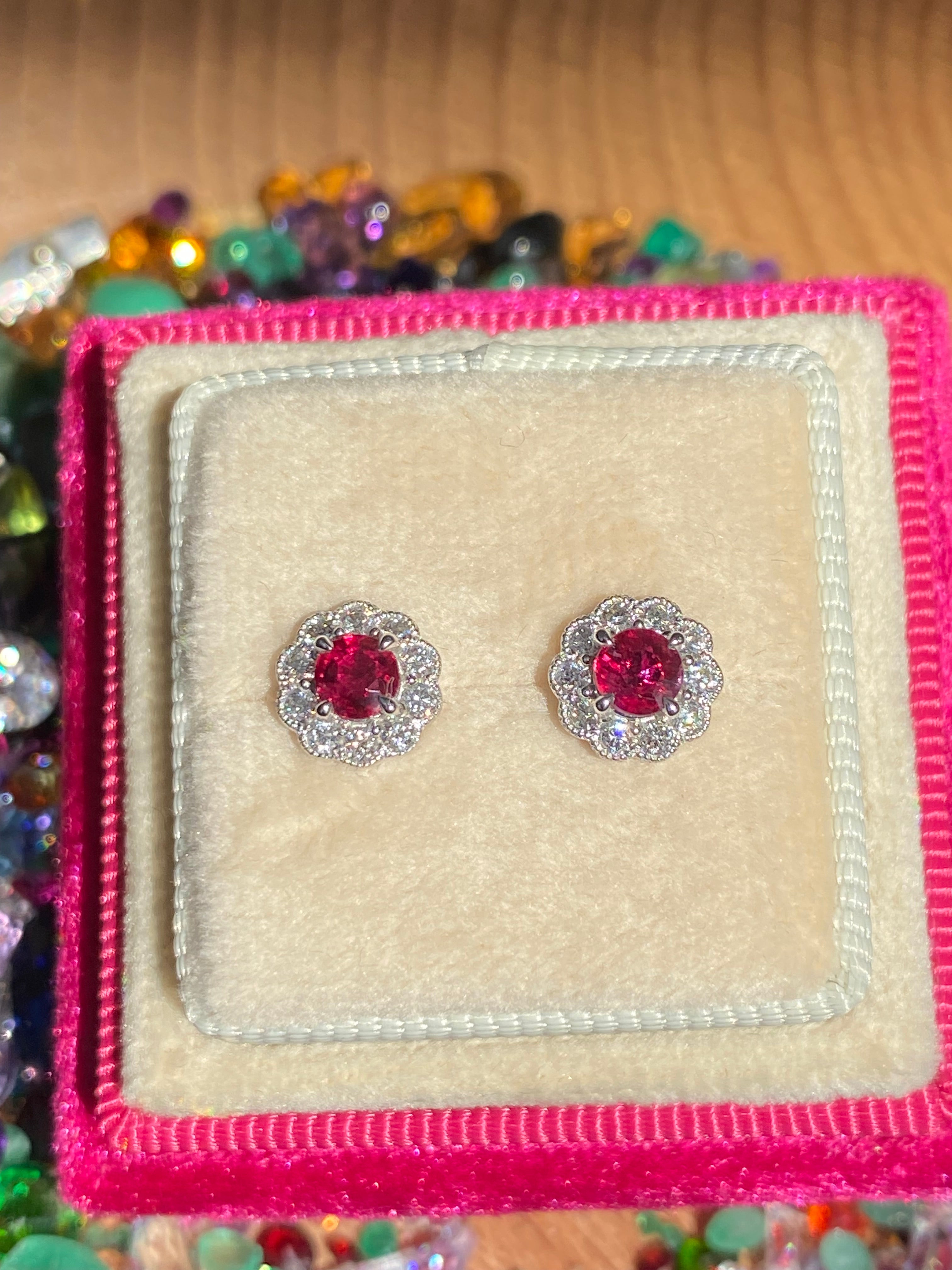 0.97 CTW Ruby and Natural Diamond Stud Earrings in 18ct White Gold