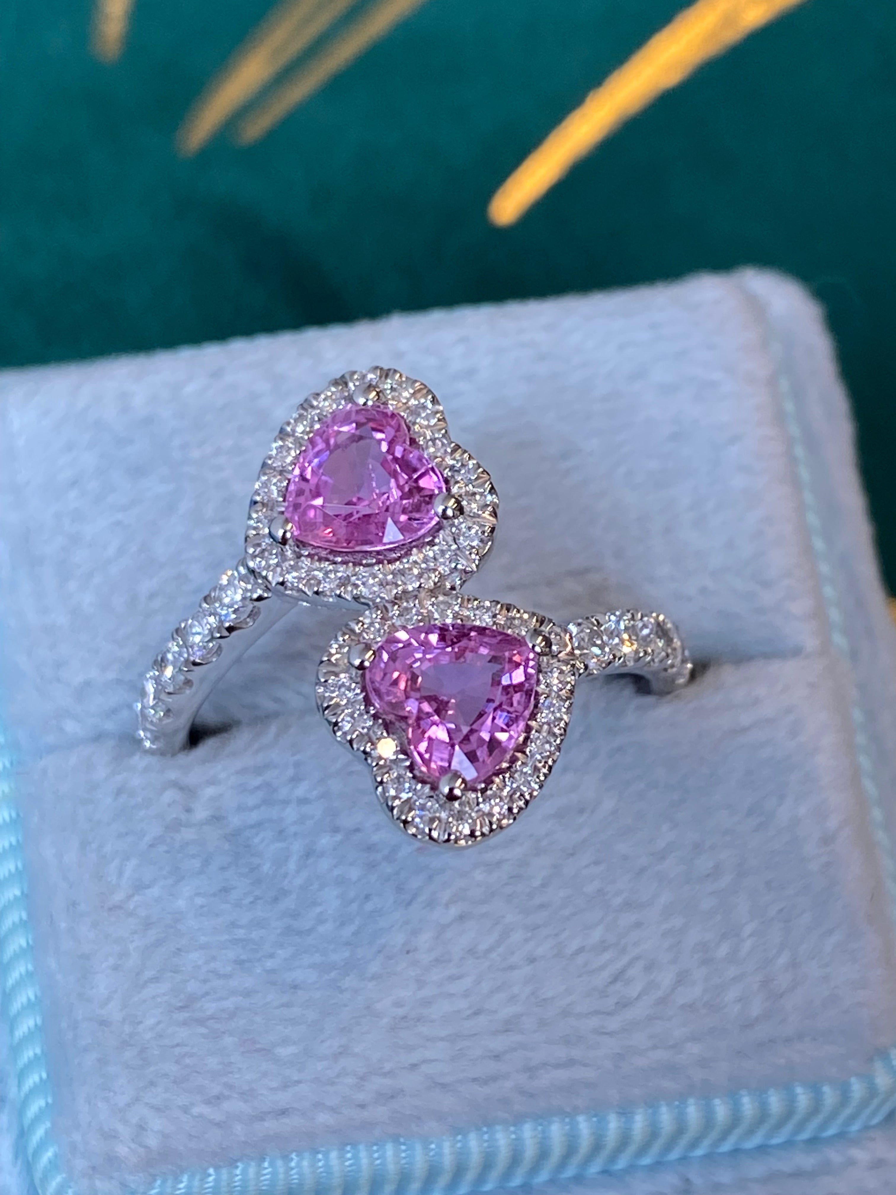 1.92 CTW Heart Shape Pink Sapphire and Natural Diamond Toi et Moi Ring in Platinum
