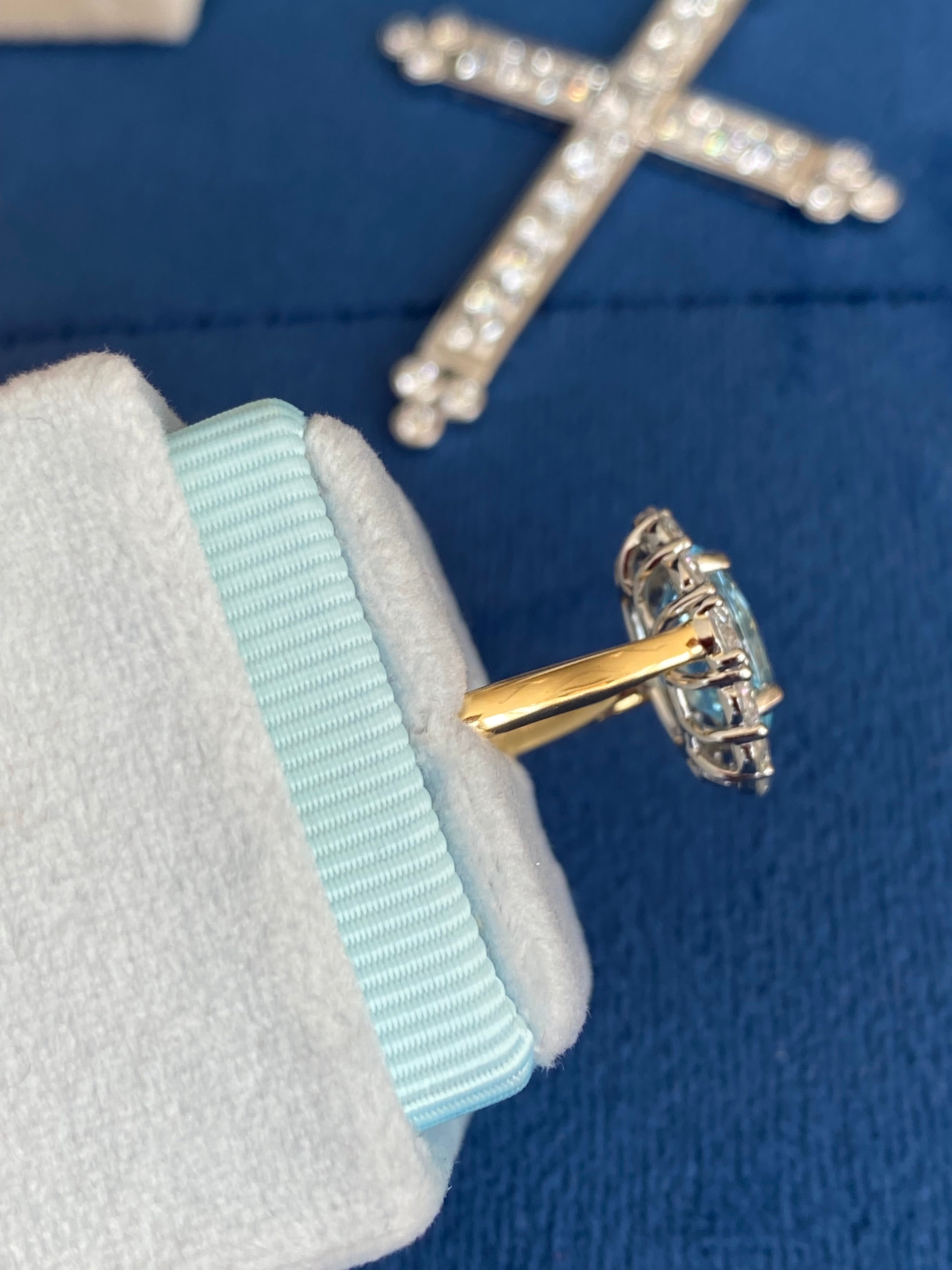 3.53 CTW Aquamarine and Natural Diamond Halo Ring in Platinum and 18ct Yellow Gold
