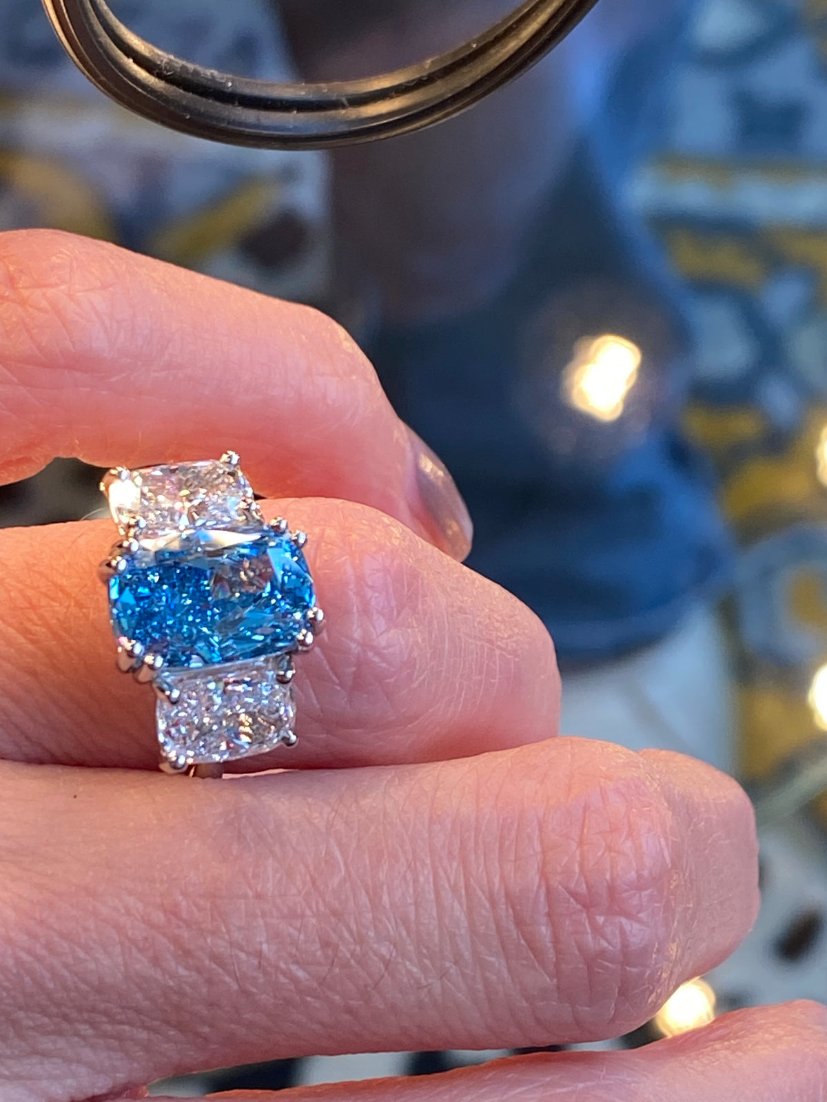 6.60 CTW Fancy Blue Cushion Cut Lab Diamond Graduated Three Stone Ring in Platinum