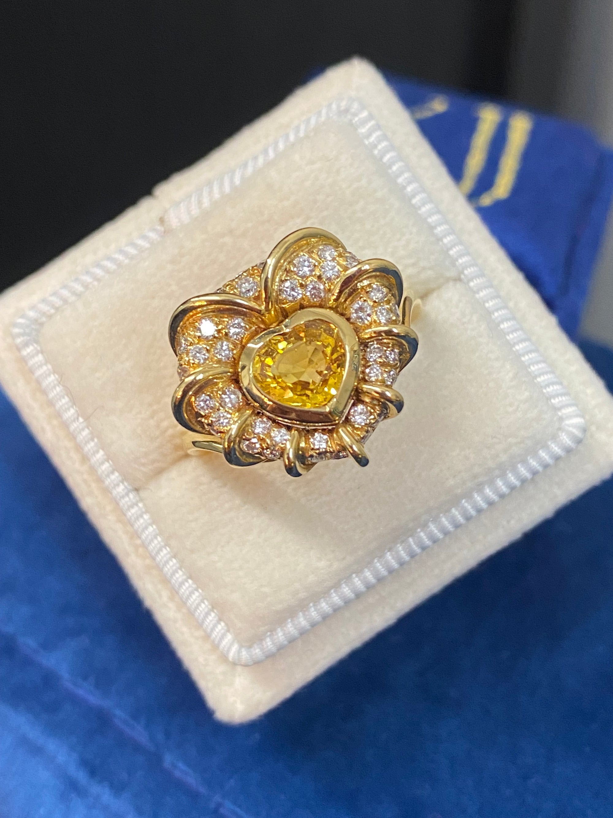 Vintage Yellow Sapphire and Natural Diamond Halo Ring in 18ct Yellow Gold