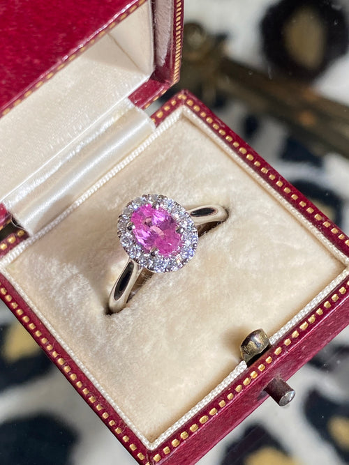 1.26 CTW Pink Sapphire and Diamond Ring in 18ct White Gold