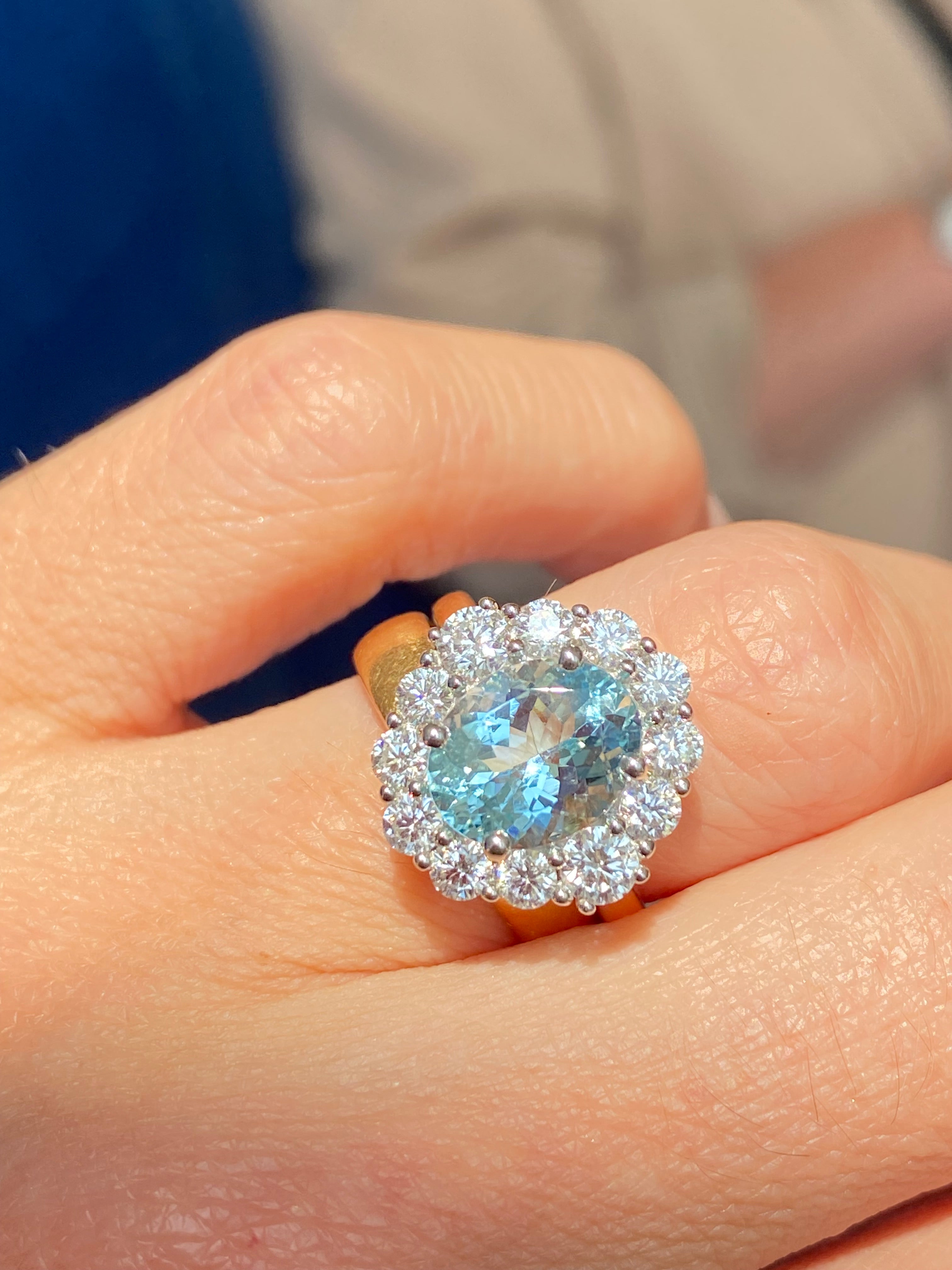 3.53 CTW Aquamarine and Natural Diamond Halo Ring in Platinum and 18ct Yellow Gold