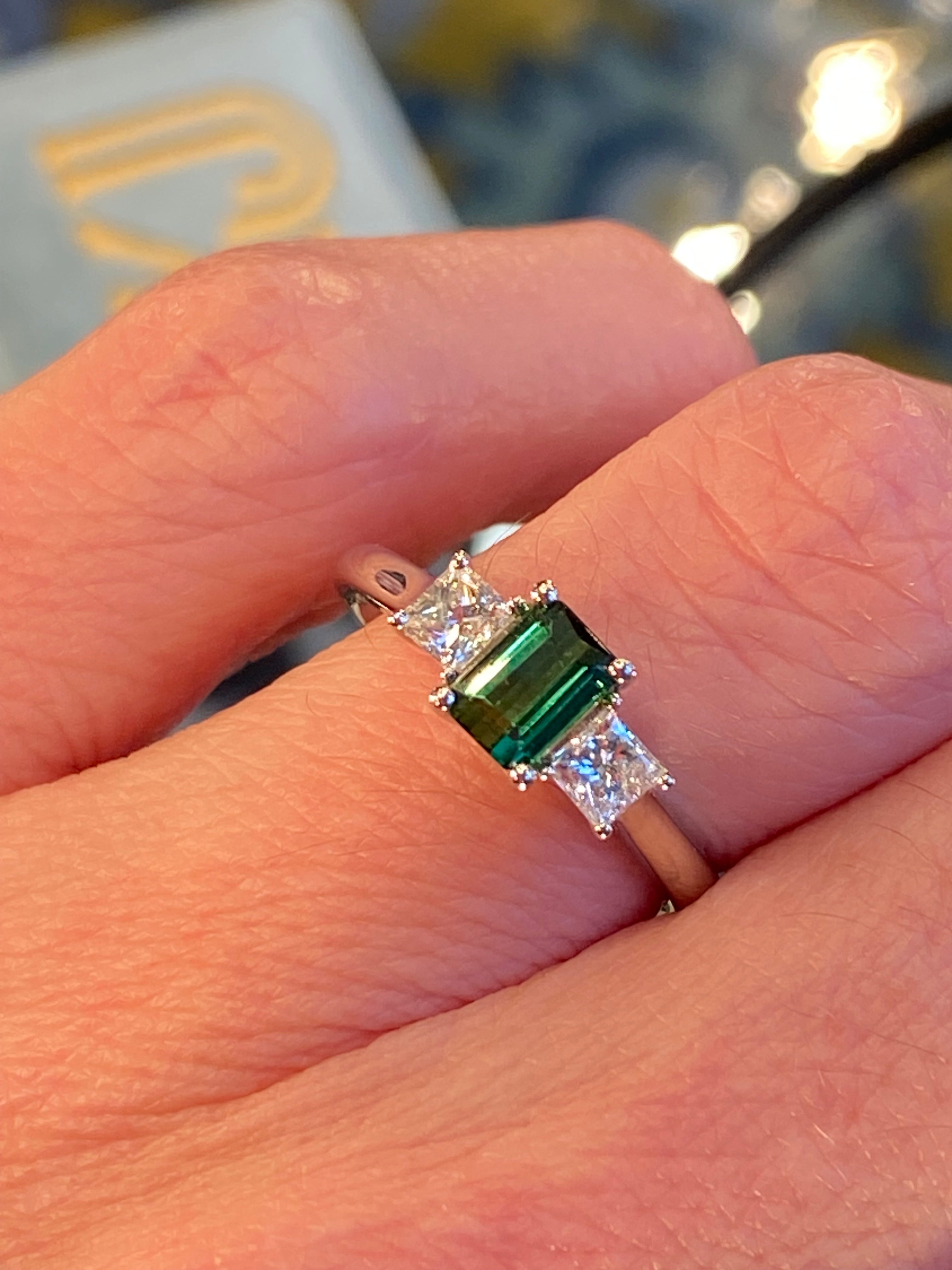 Beautiful Green Tourmaline and Natural Diamond Three Stone Ring in Platinum