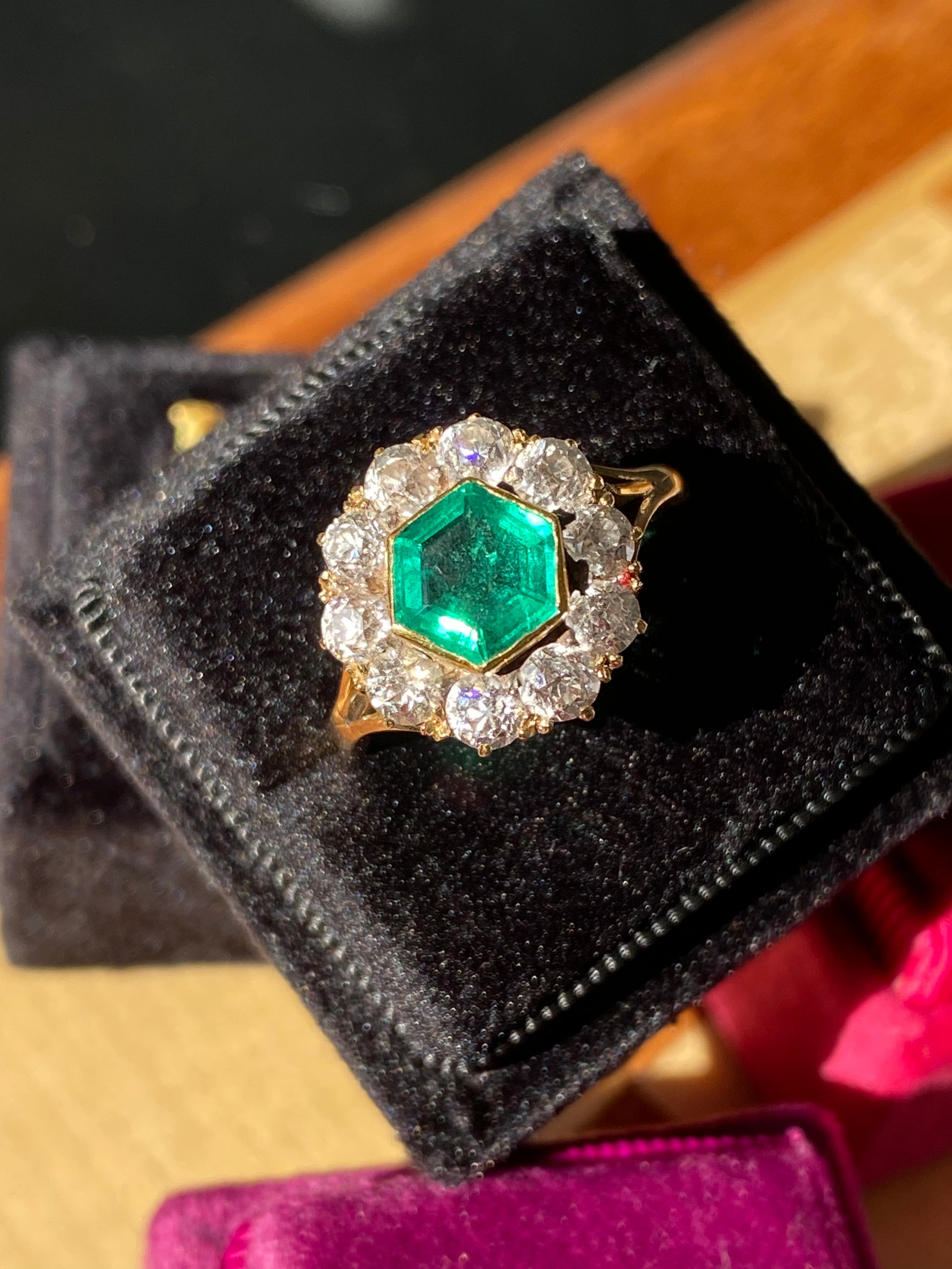 3.00 CTW Colombian Emerald and Old Cut Diamond Halo Ring in 18ct Yellow Gold