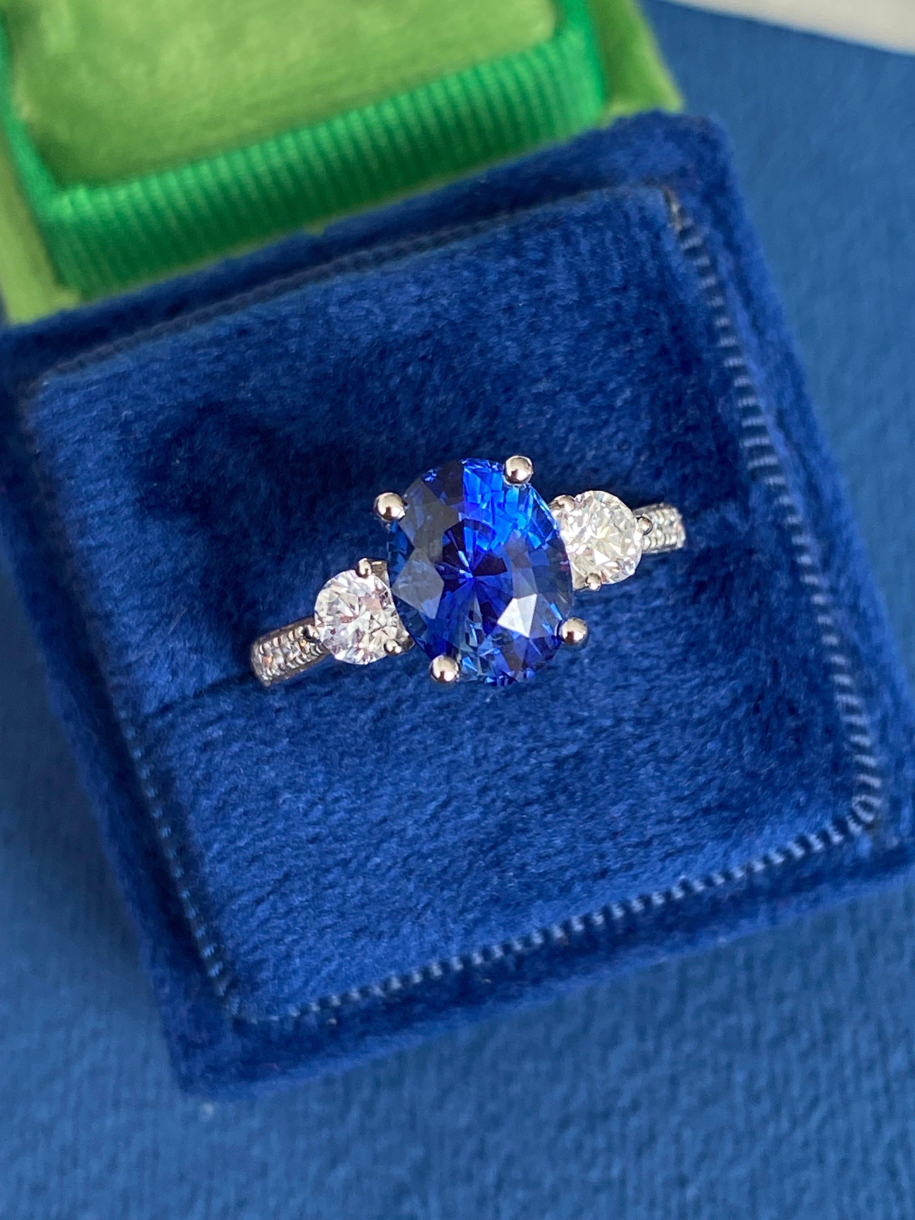 3.68 CTW Blue Ceylon Sapphire and Natural Diamond Three Stone Engagement Ring in Platinum