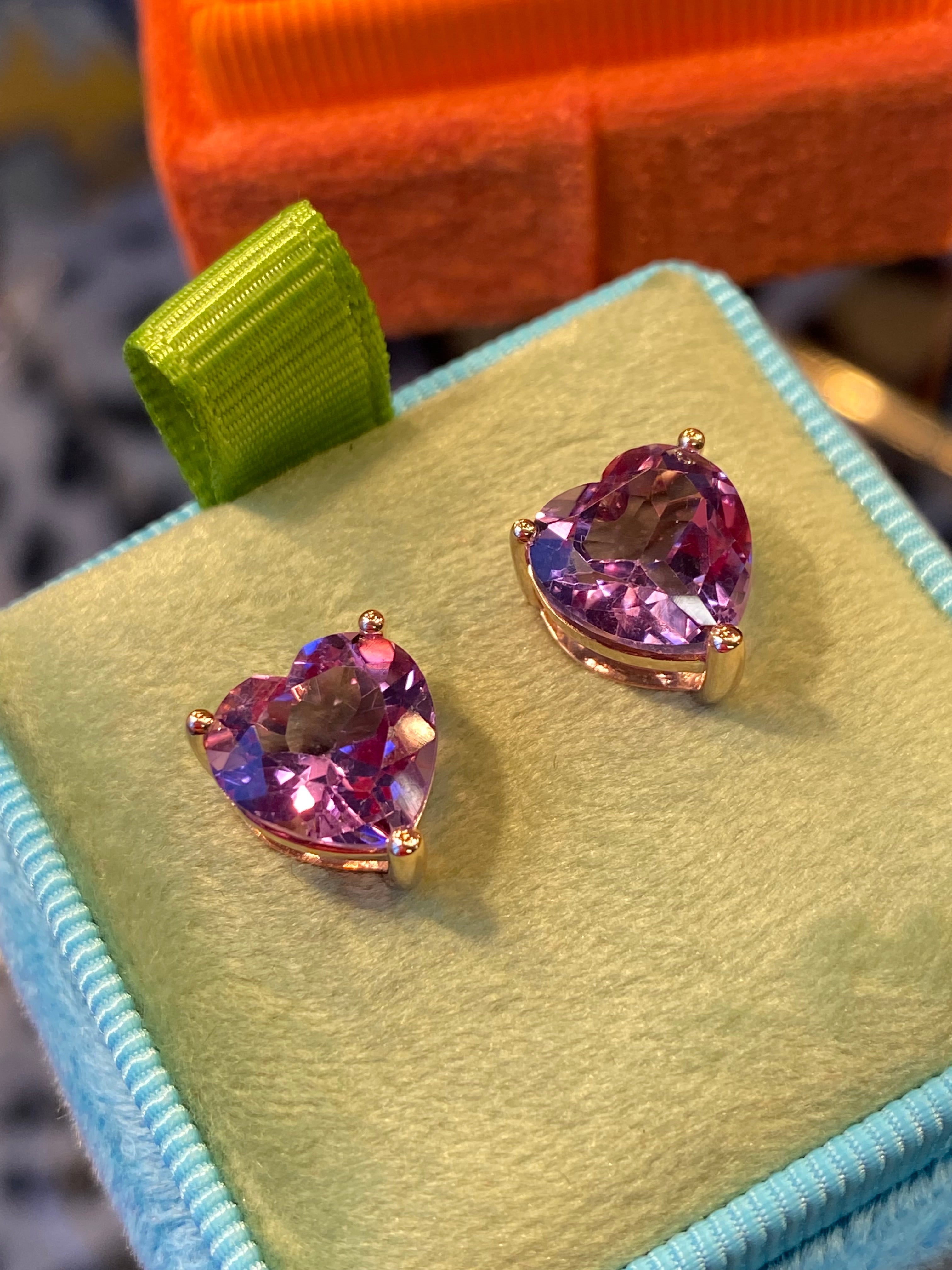 Heart Shaped Amethyst Stud Earrings in 9ct Yellow Gold