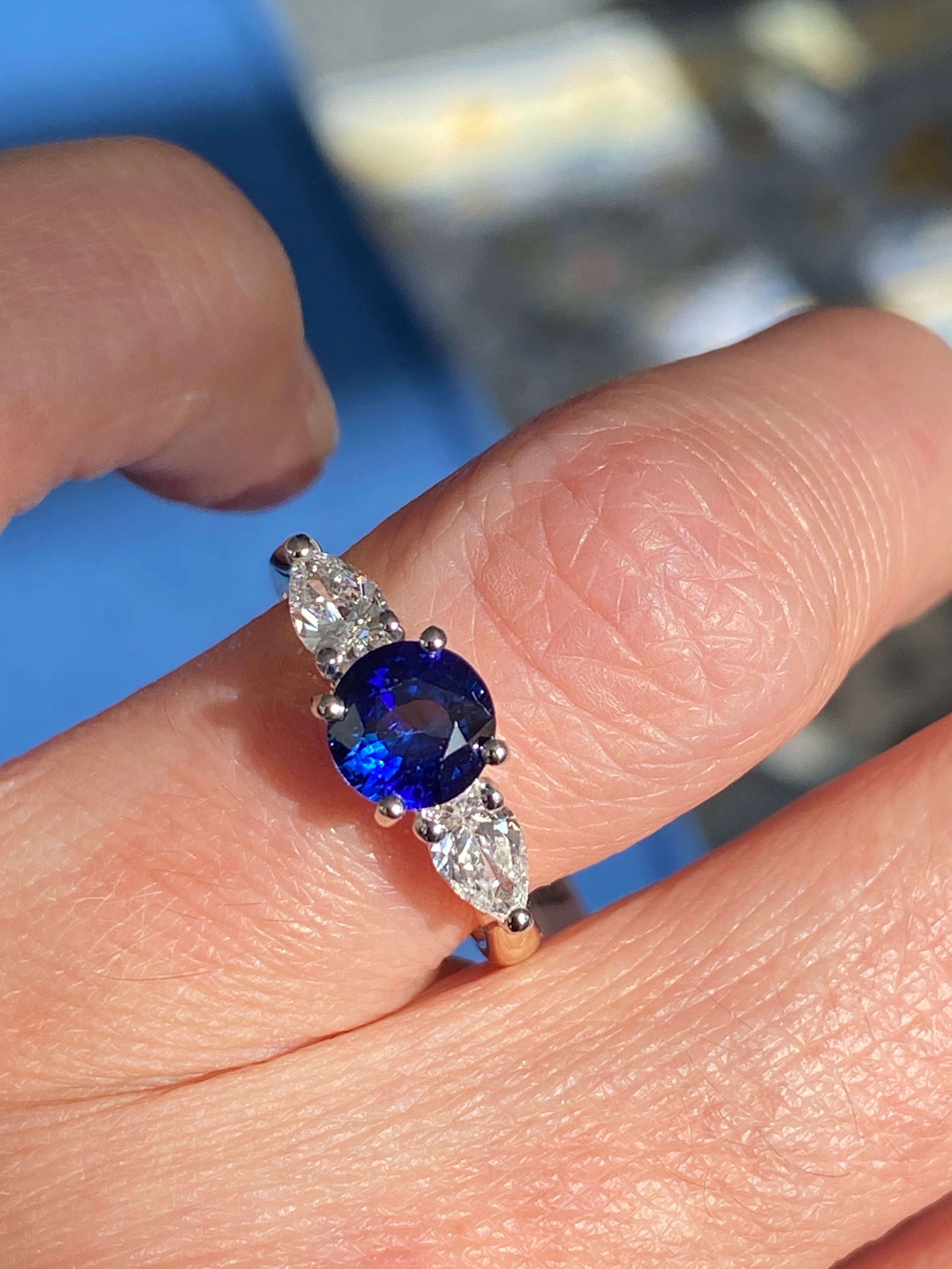 1.52 CTW Blue Ceylon Sapphire and Natural Diamond Three Stone Engagement Ring in Platinum and 18ct Yellow Gold