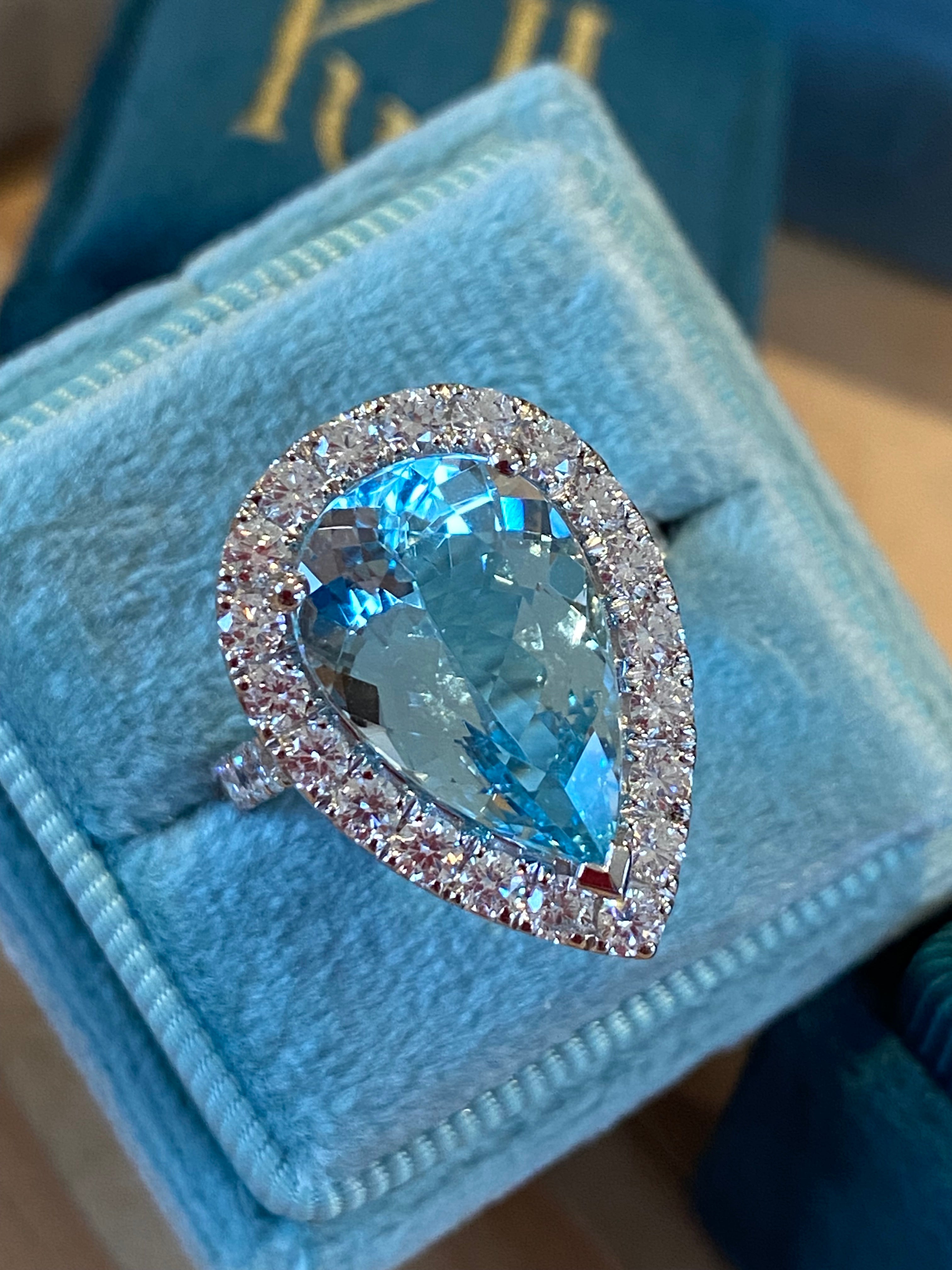 5.36 Carat Pear Cut Aquamarine and 1.38ctw Natural Diamond Ring in Platinum