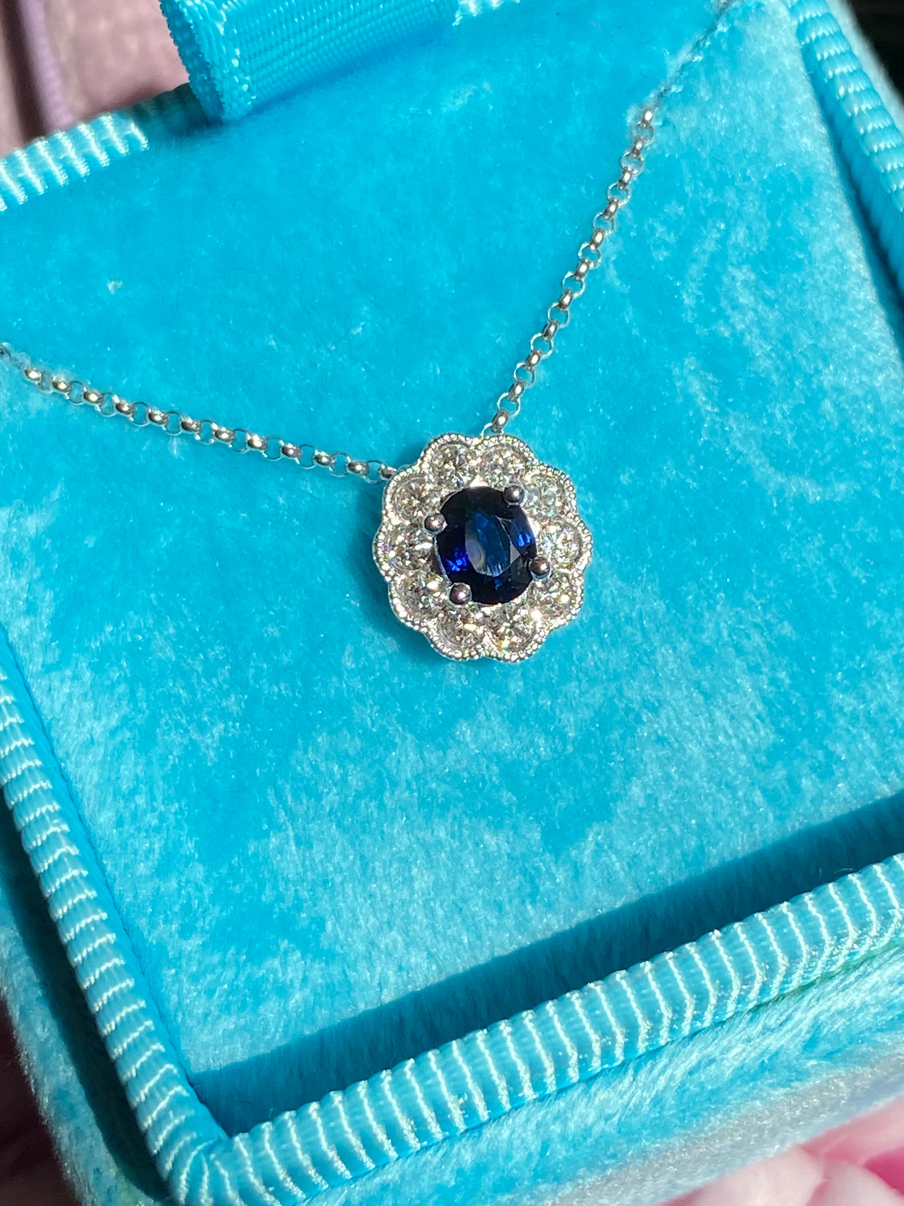 0.73 CTW Sapphire and Natural Diamond Pendant Necklace in 18ct White Gold