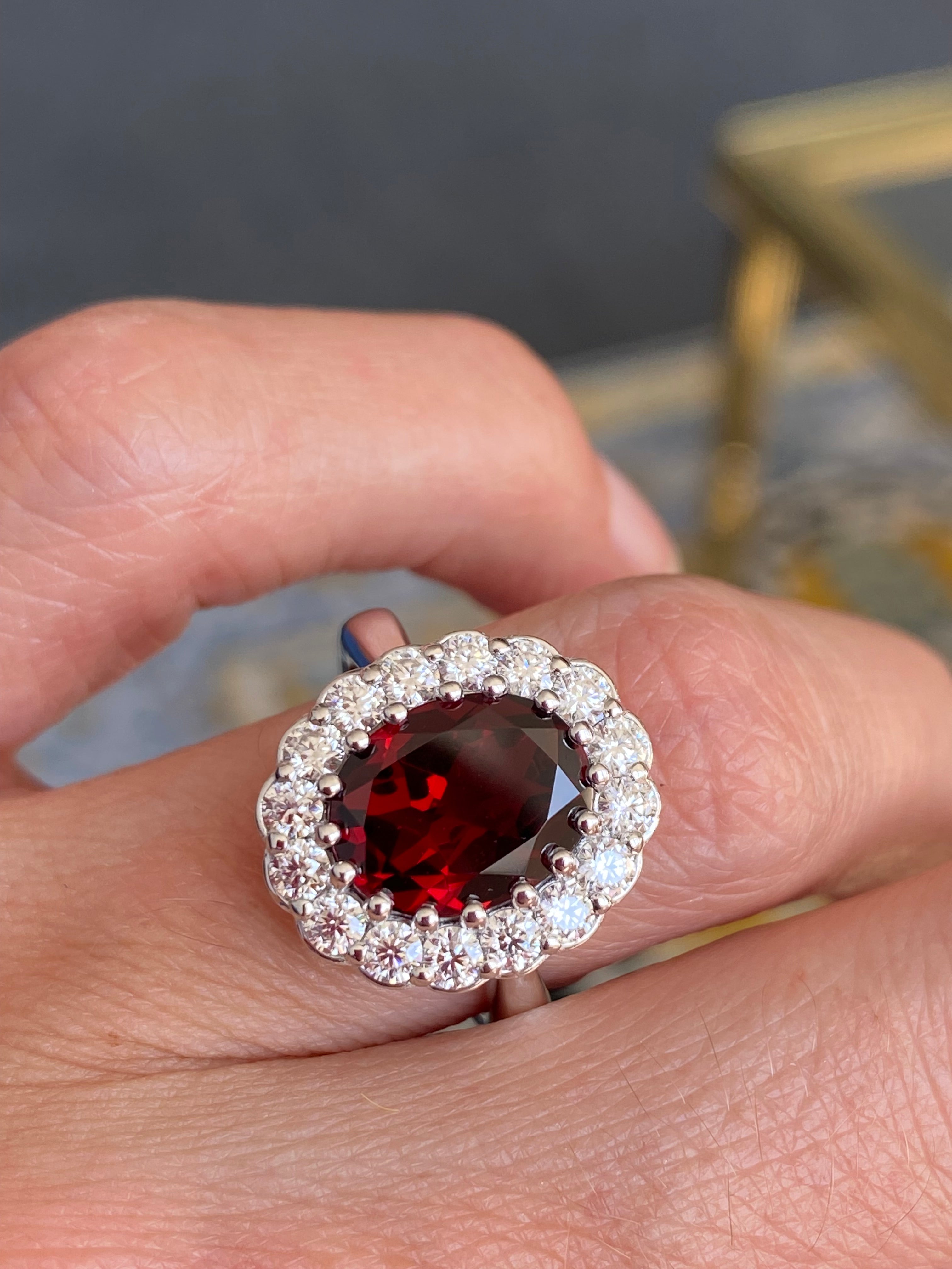 5.50 CTW Oval Cut Garnet and Moissanite Halo Cocktail Ring
