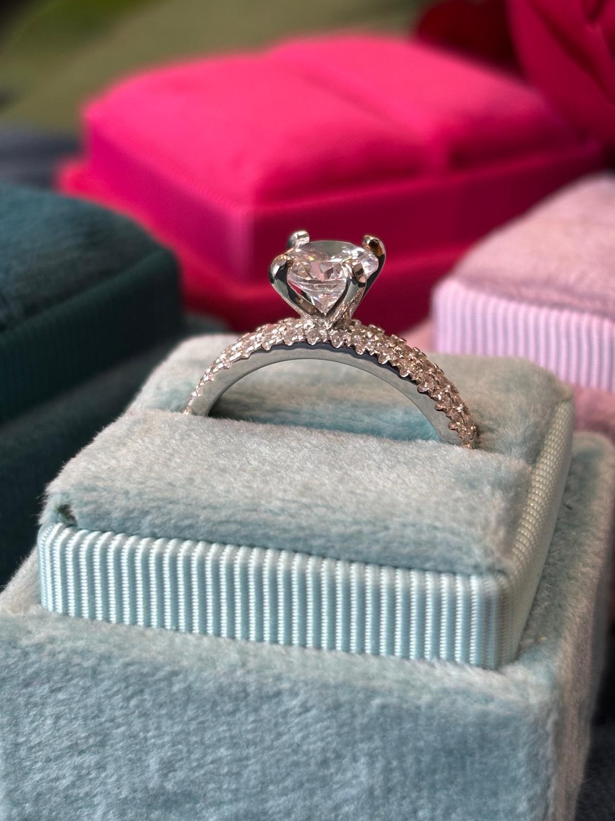 Round Cut Solitaire Moissanite Halo Engagement and Wedding / Eternity Ring Set in Sterling Silver
