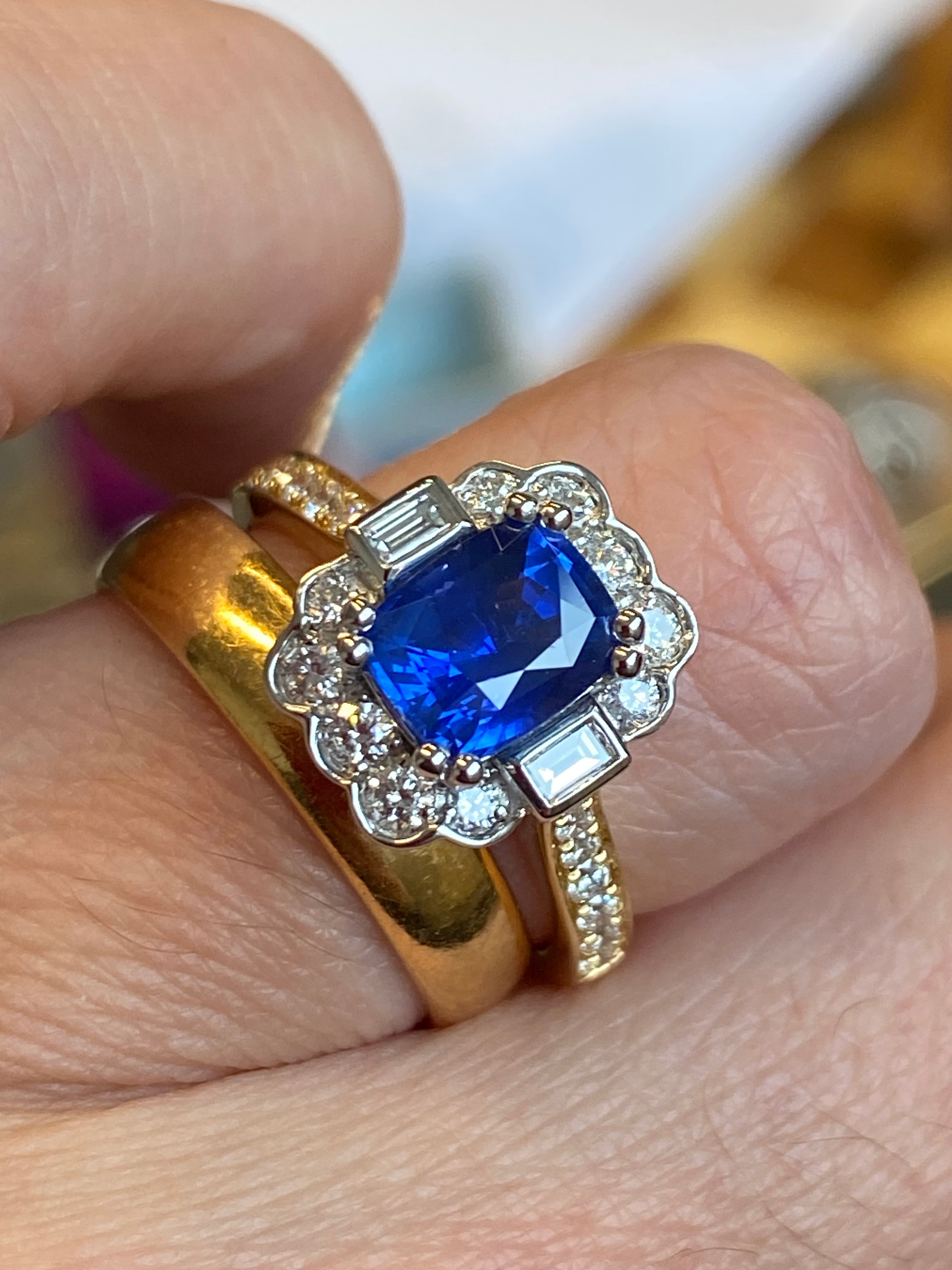 2.11 CTW Cushion Cut Ceylon Sapphire and Natural Diamond Ring in 18ct Yellow Gold