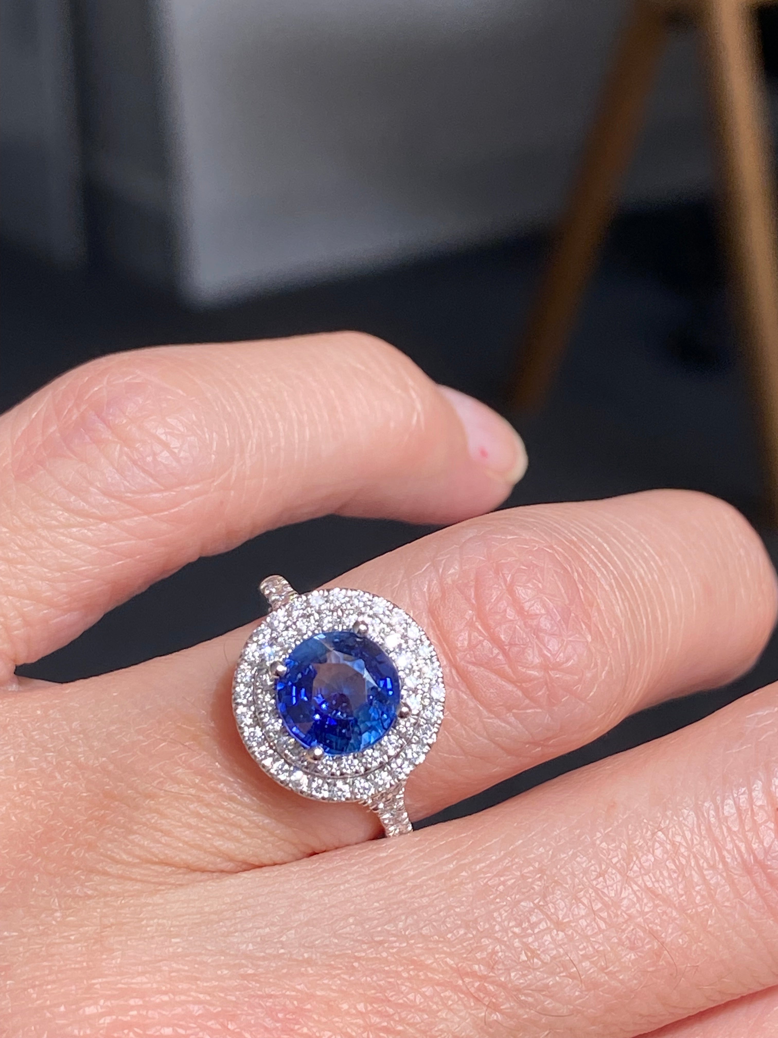 2.56 CTW Blue Ceylon Sapphire and Natural Diamond Double Halo Ring in Platinum
