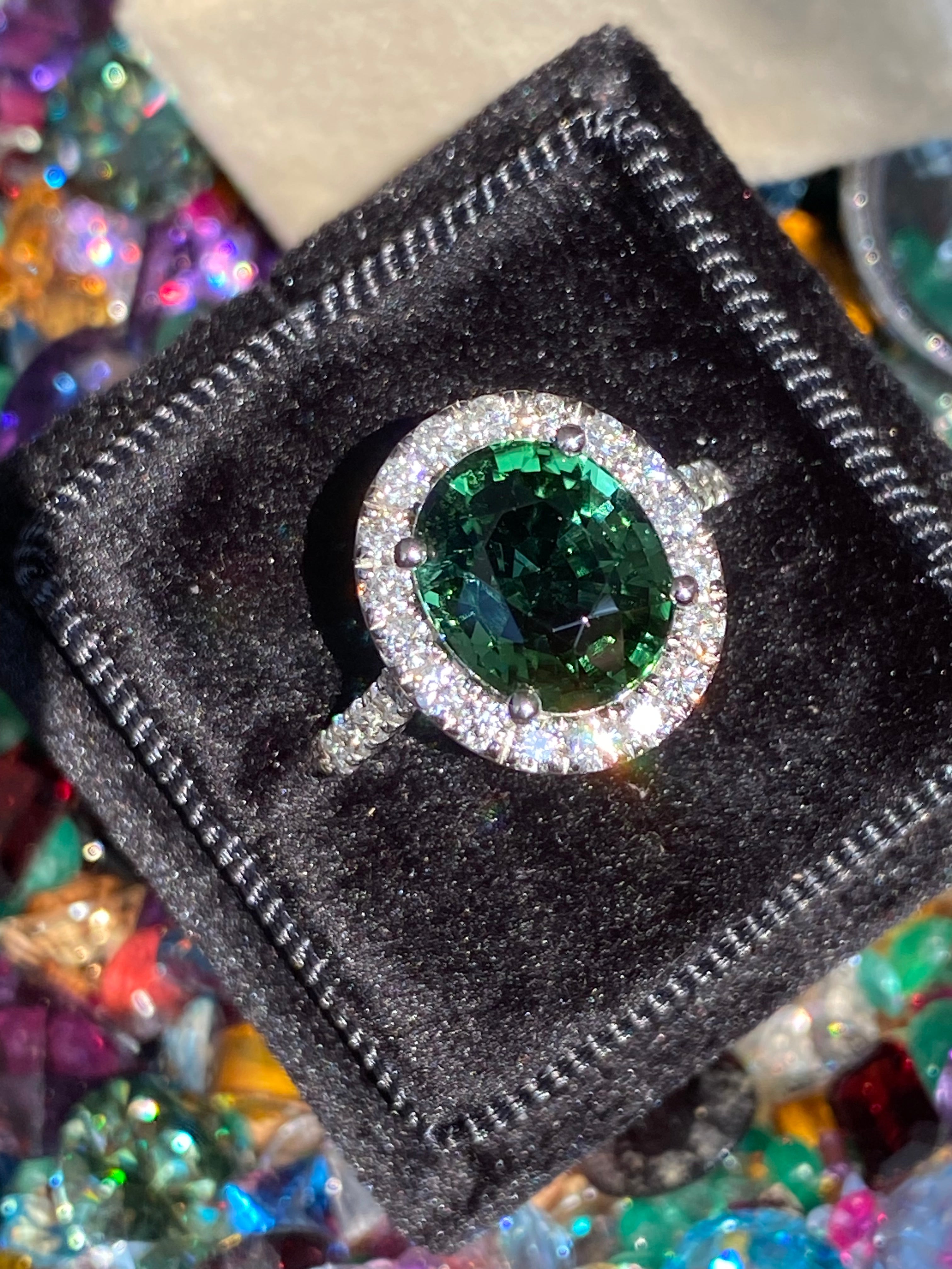 5.45 CTW Green Tourmaline and Natural Diamond Halo Ring in Platinum
